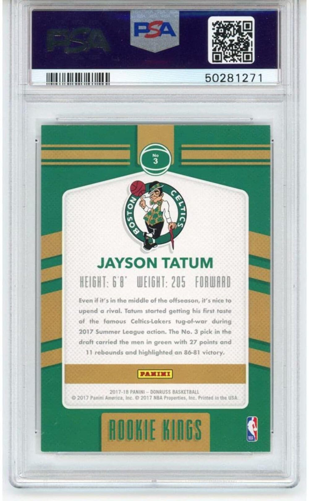 2017-18 Panini Donruss Jayson Tatum #3 Rookie Kings RC Basketball Card PSA 10 Gem Mint - Rare Collectible for NBA Fans & Card Investors - Perfect for Display, Trading, and Sports Memorabilia Collections