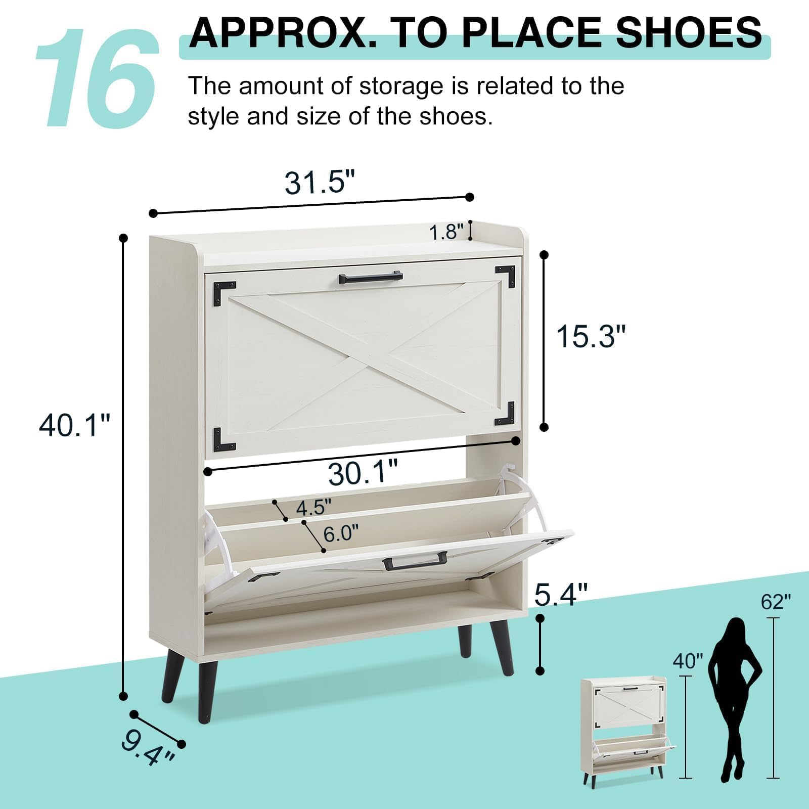 Farmhouse Shoe Storage Cabinet with 2 Flip Drawers & Barn Door Design - Freestanding Hidden Slim Narrow Shoe Rack Organizer for Entryway, Foyer, Hallway - Antique White - Perfect for Small Spaces & Home Organization