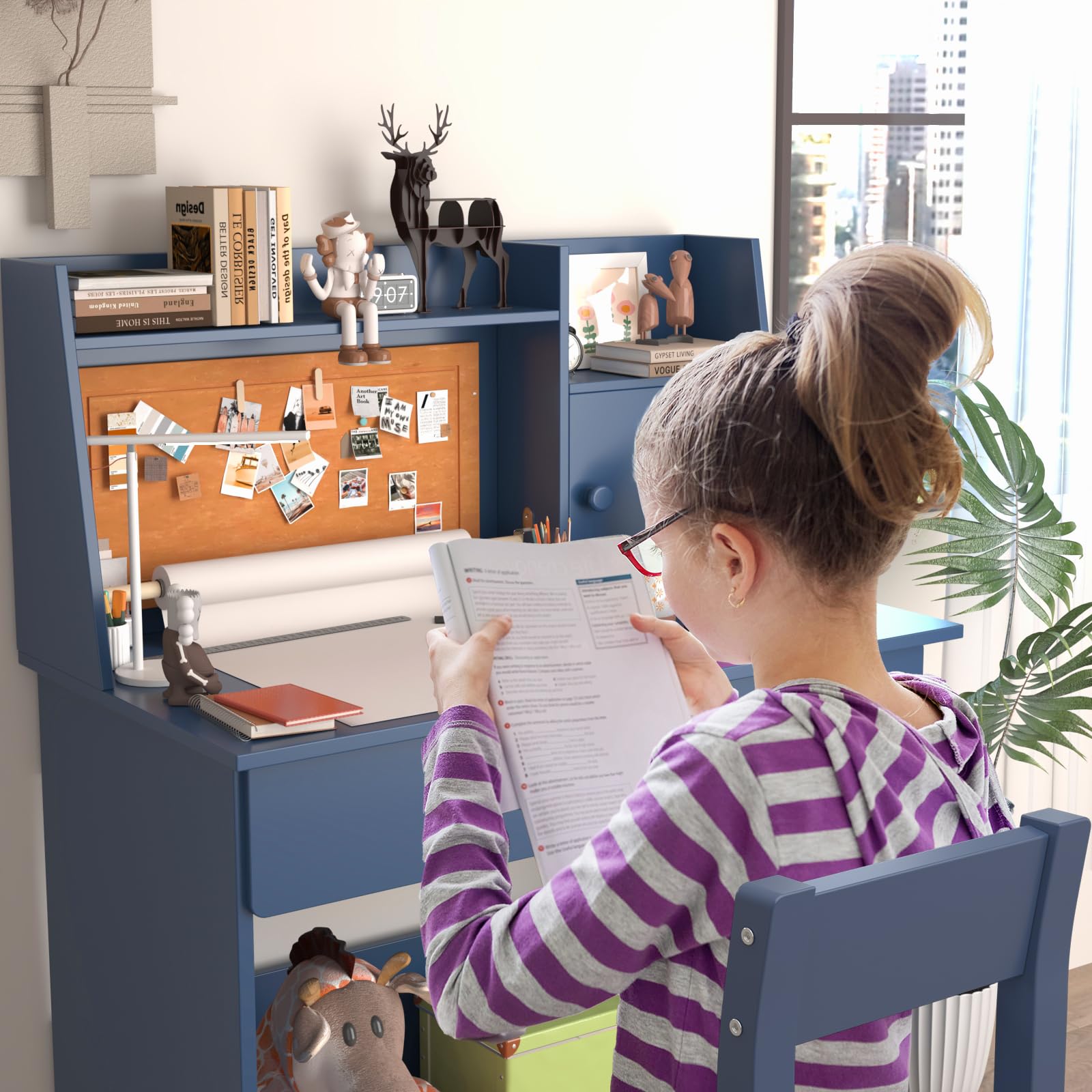 **Blue Kids Drawing Desk with Wooden Tabletop & Paper Roll Dispenser - Study Table with Drawers & Storage Shelf - Desk & Chair Set for Ages 5-12 - Perfect for Art, Homework & Creative Play**