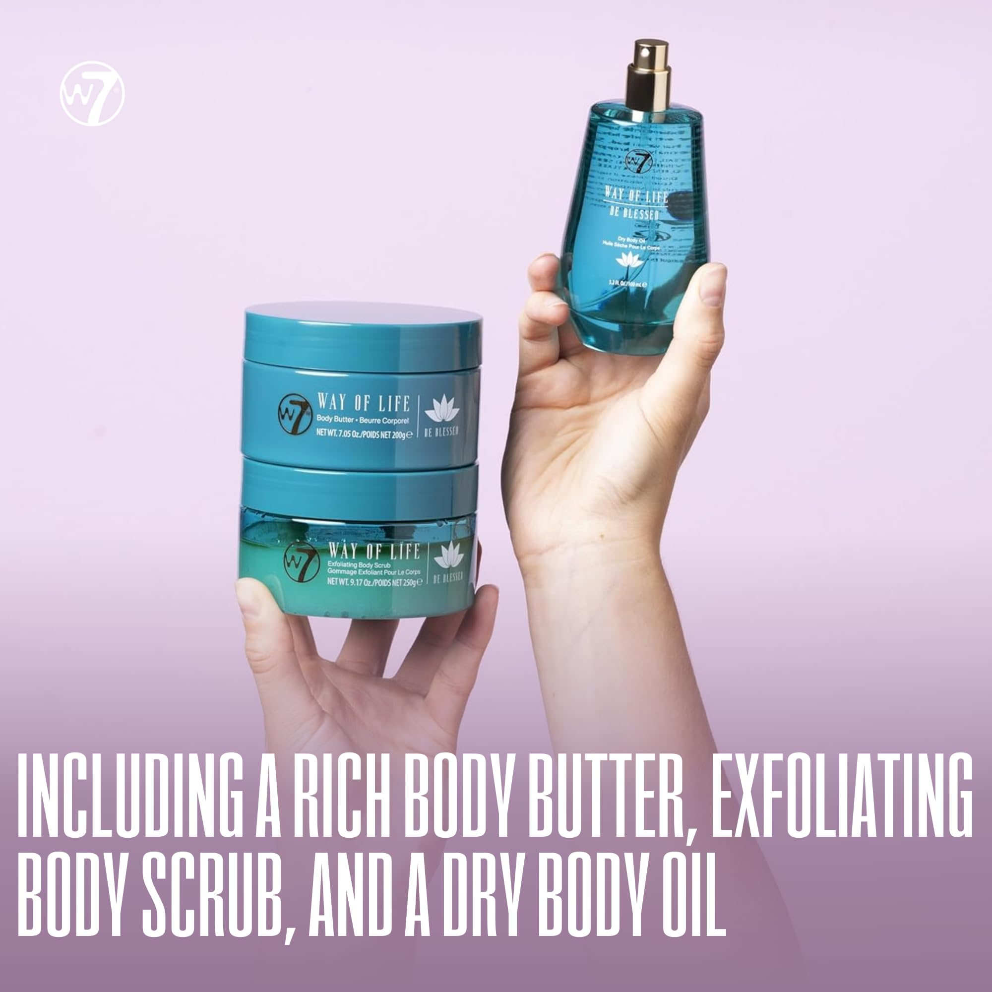W7 Way of Life Body Care Set - Exfoliating Scrub, Hydrating Body Oil & Nourishing Body Butter | Luxury Skincare for Glowing Skin | Full Size, Long Lasting Home Spa Products | Perfect for Self-Care, Gifts & Relaxing Bath Time