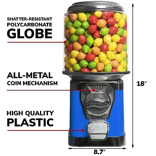 Blue Gumball Machine with Stand & Cylinder Bank - Fun Coin-Operated Bubble Gum Dispenser for Kids - Perfect for Home, Parties, and Retail Stores