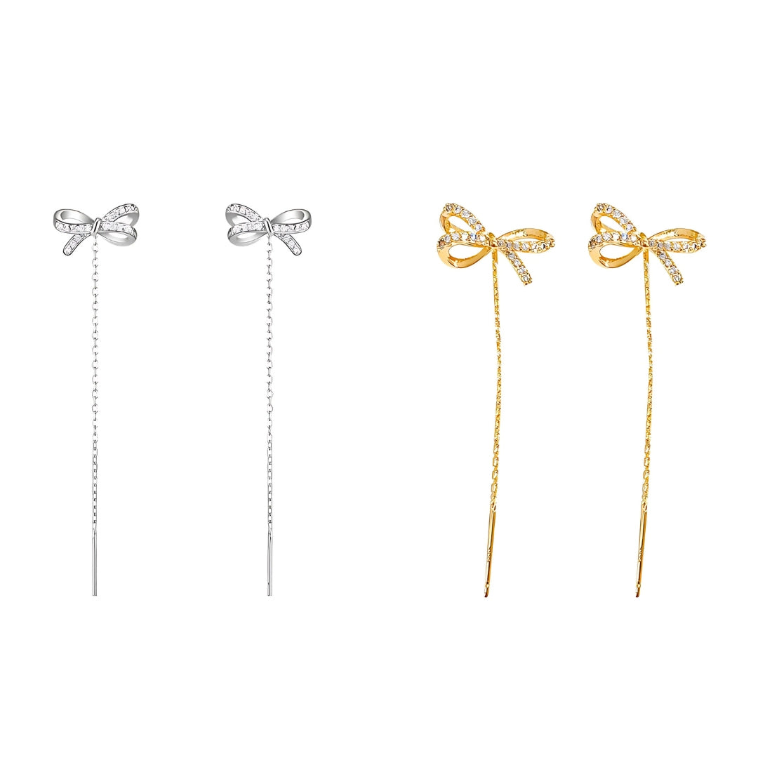 Gold Bow Tassel Fringe Threader Earrings for Women - Elegant Dangle Drop Earrings for Parties, Weddings & Special Occasions | R0016