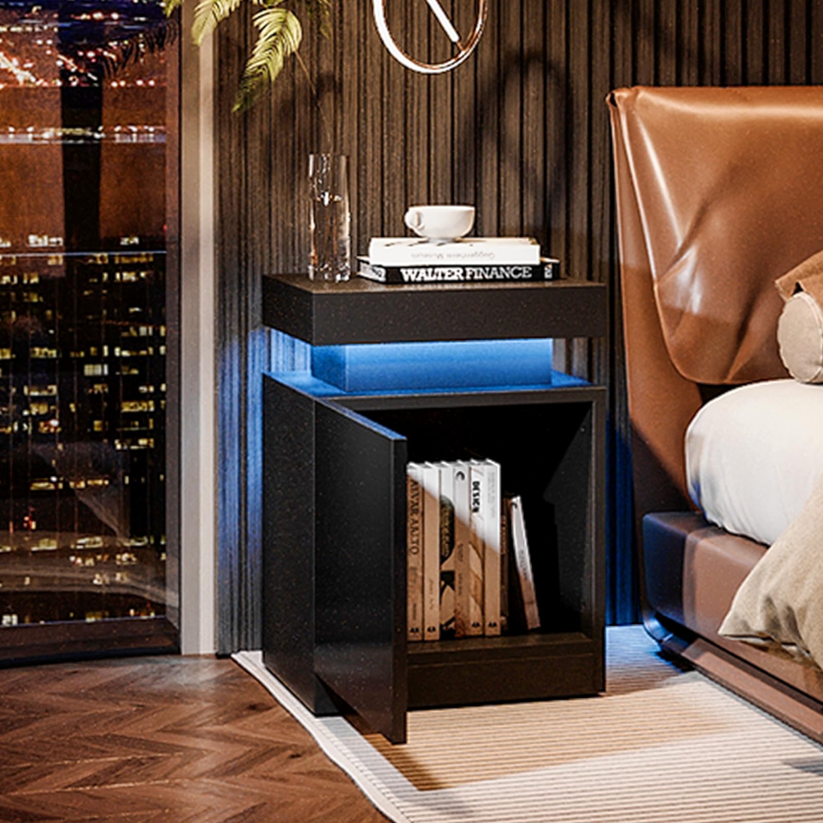 Oneinmil Nightstand Set of 2 - Modern LED Bedside Tables with Storage Cabinet & Touch Lights - Black End Tables for Bedroom, Living Room & Office (Perfect for Reading, Charging Devices & Bedroom Decor)