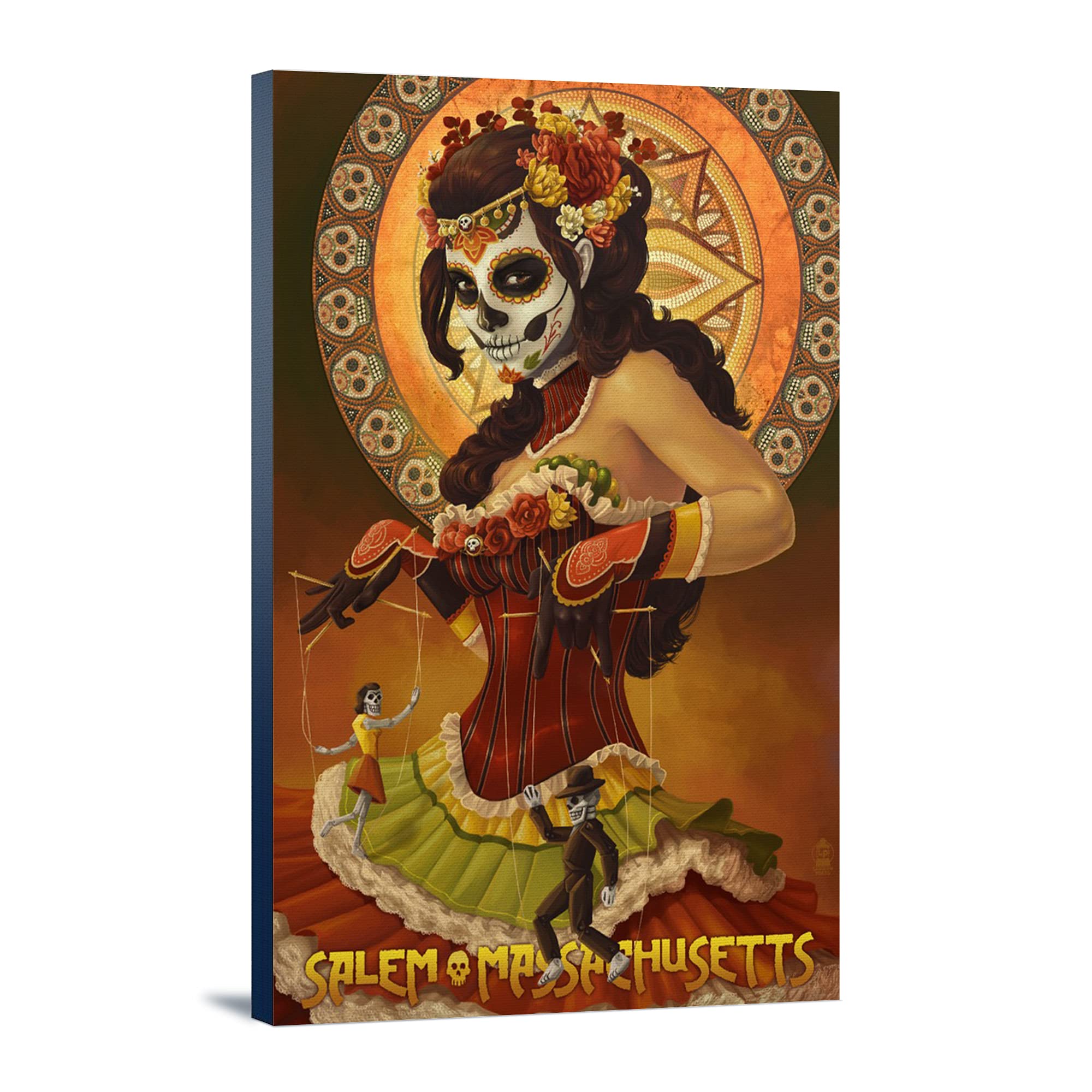 Day of the Dead Marionettes Art Print - Salem Massachusetts Inspired 24x36 Gallery Wrapped Canvas - Perfect for Halloween Decor & Mexican Folk Art Collections