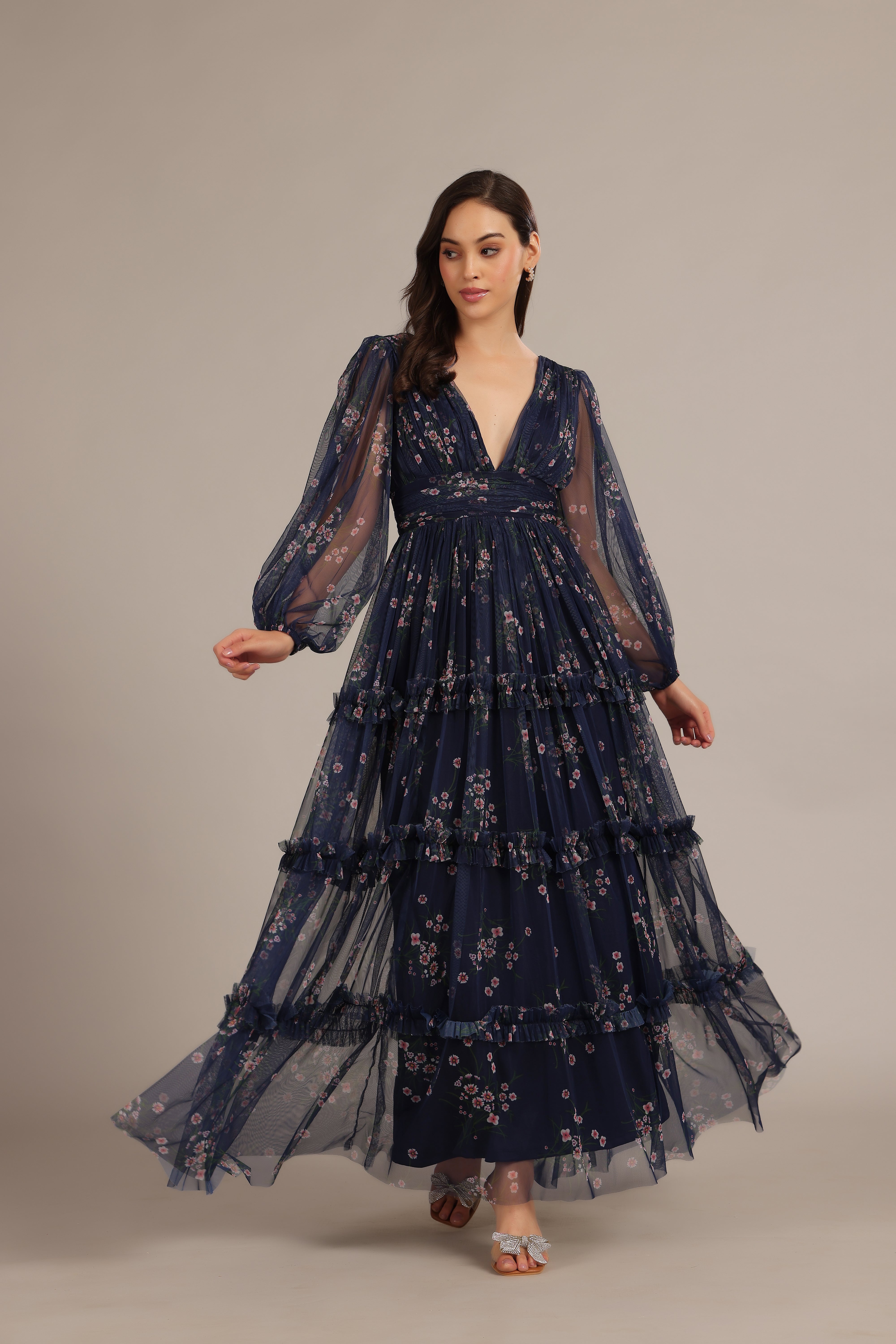 Lydia Maxi Dress for Women - Navy Blue Floral Print Long Summer Dress - Perfect for Beach, Vacation, and Casual Outings