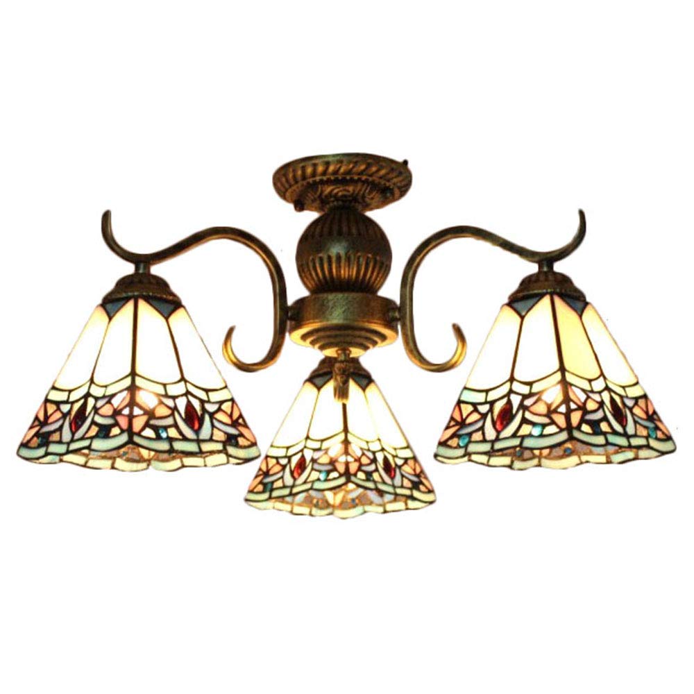 LITFAD Baroque Style Semi Flush Mount Ceiling Light - 3-Light Tiffany Art Glass Pendant with Pyramid Shade, 110-120V, Heritage Brass Finish - Perfect for Bedroom, Living Room, Dining Room & Vintage Home Decor