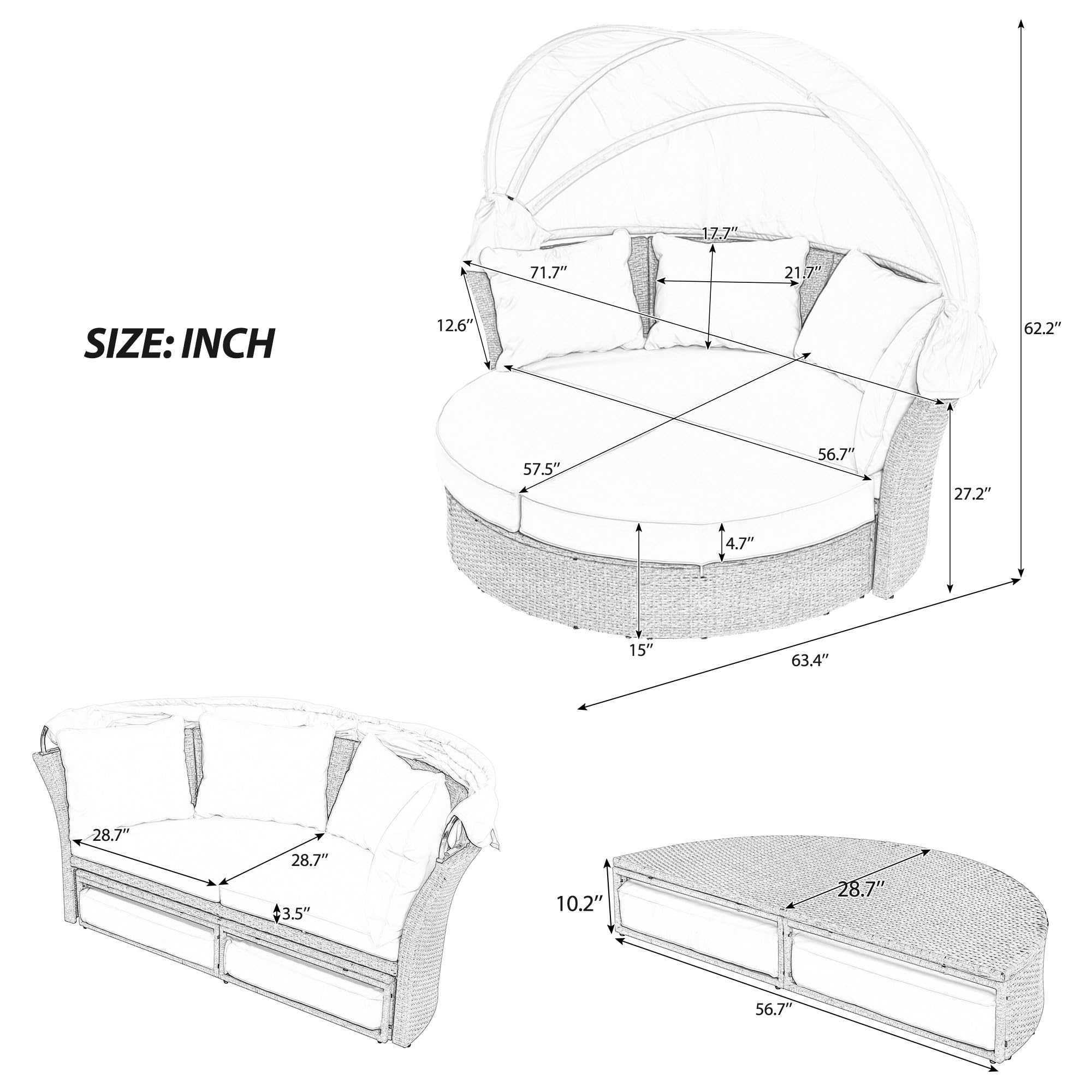 Merax Outdoor Patio Wicker Rattan Double Daybed Round Sofa Set with Retractable Canopy & 4 Pillows - Grey - Perfect for Garden, Backyard, Porch, Poolside Relaxation & Sunbathing