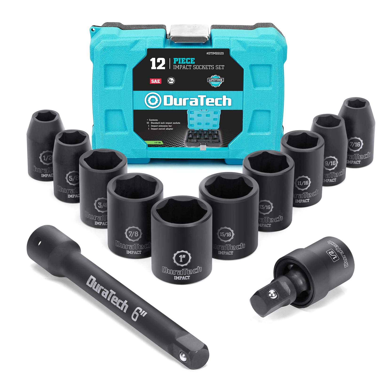 DURATECH 1/2 Inch Drive Impact Socket Set - 12-Piece SAE Sockets (3/8