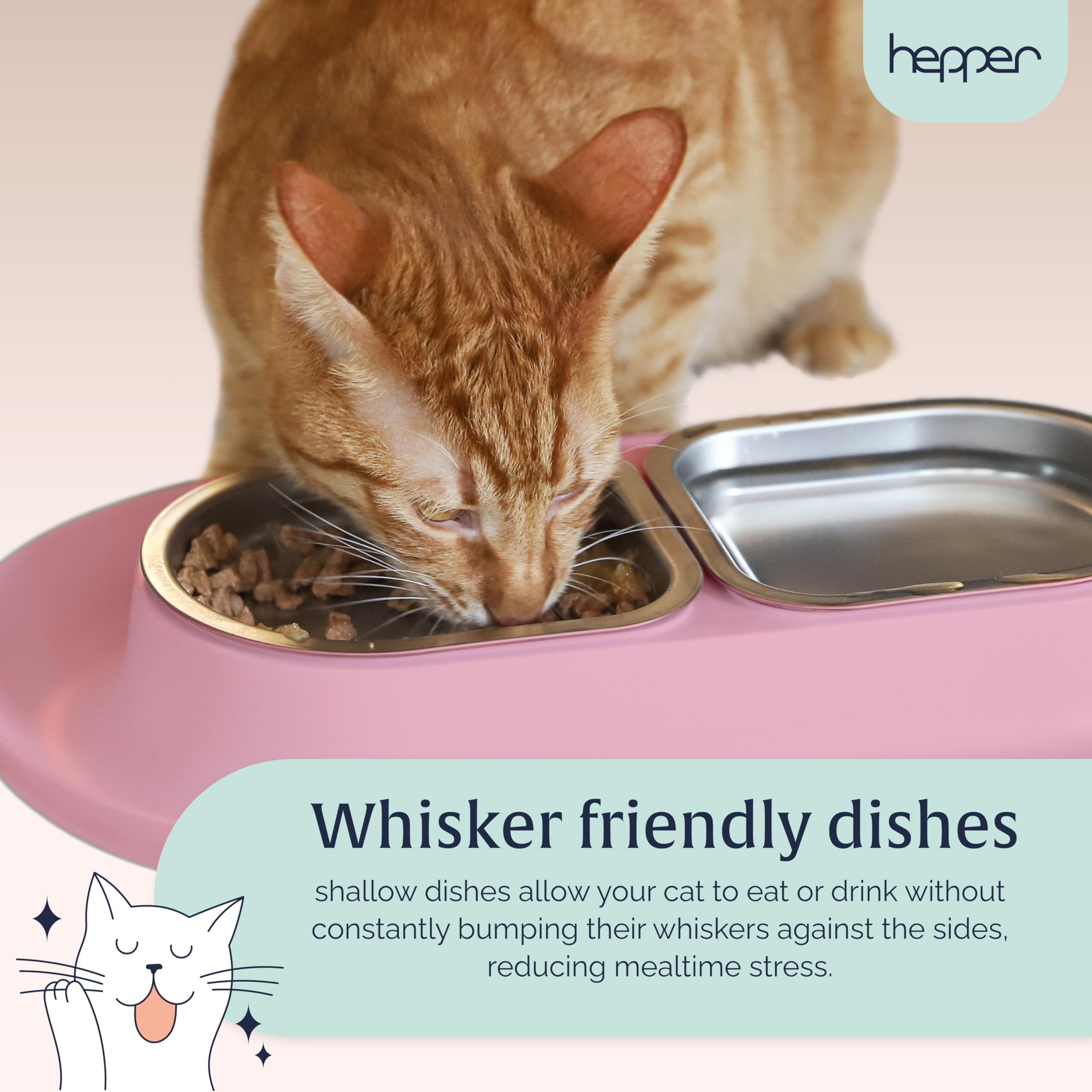Hepper NomNom Spill Proof Elevated Cat Bowls - Stainless Steel Raised Cat Food & Water Dish with Whisker Relief - Non-Slip Pet Bowl for Messy Eaters - Perfect for Kittens, Adult & Senior Cats - Pink (Ideal for Home, Kitchen or Travel Use)