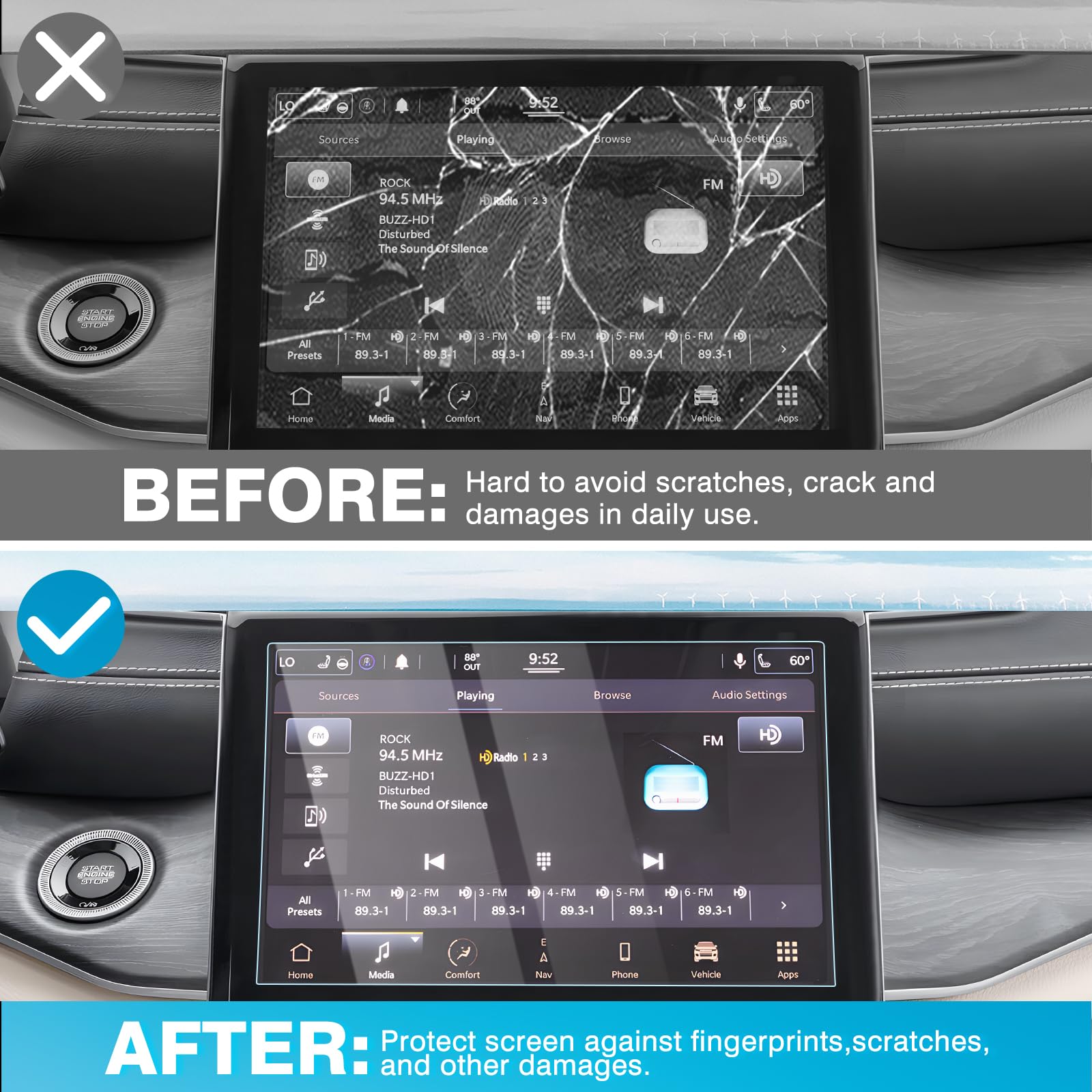 Karltys 2 Pack 10.1-Inch Tempered Glass Screen Protector for 2021-2025 Jeep Grand Cherokee L, Dodge Durango & Chrysler Pacifica - Ultra Clear Anti-Glare Touch Screen Protector - Perfect for Road Trips, Daily Commuting & Touchscreen Protection