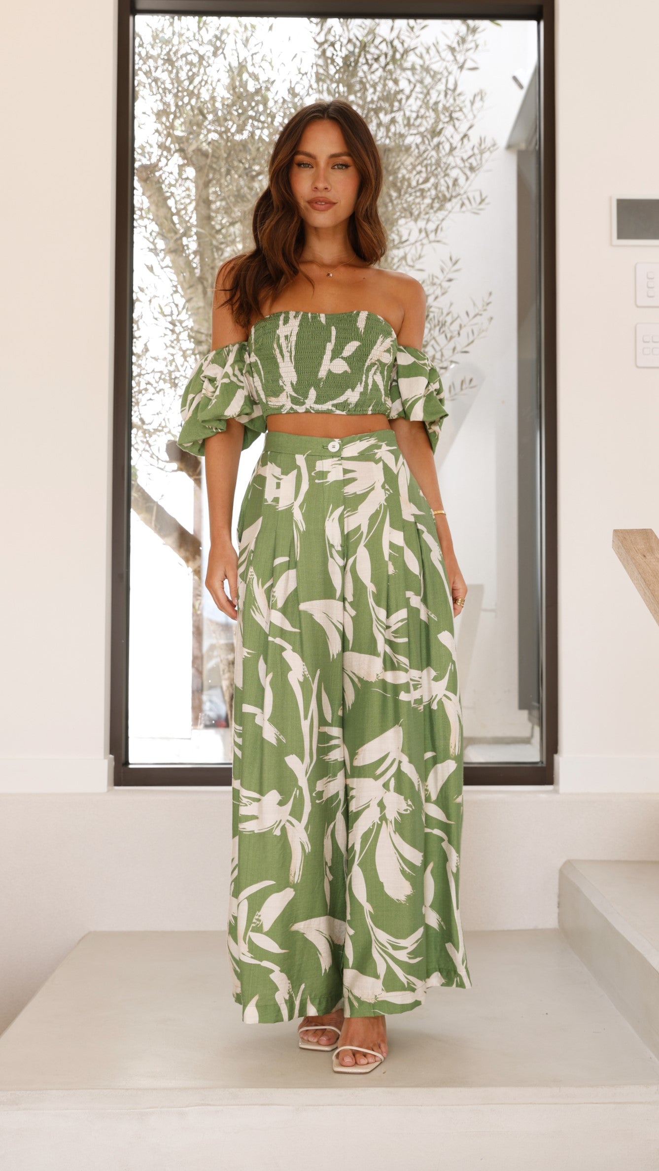 Callison Women's Green Print Crop Top and Pants Set - Stylish Matching Outfit for Casual Wear, Yoga, and Summer Fashion