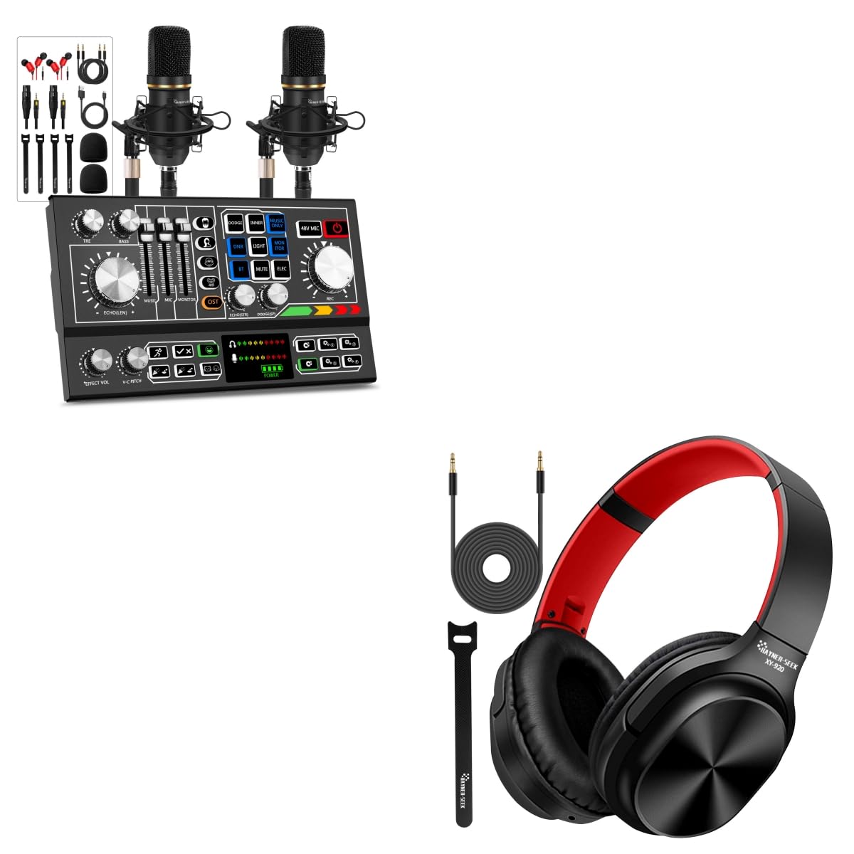 Professional Podcast Equipment Bundle for 2 - Audio Mixer with Condenser Microphone, 48V Phantom Power Supply & Headphones | Perfect for Home Studios, Live Streaming & Content Creation