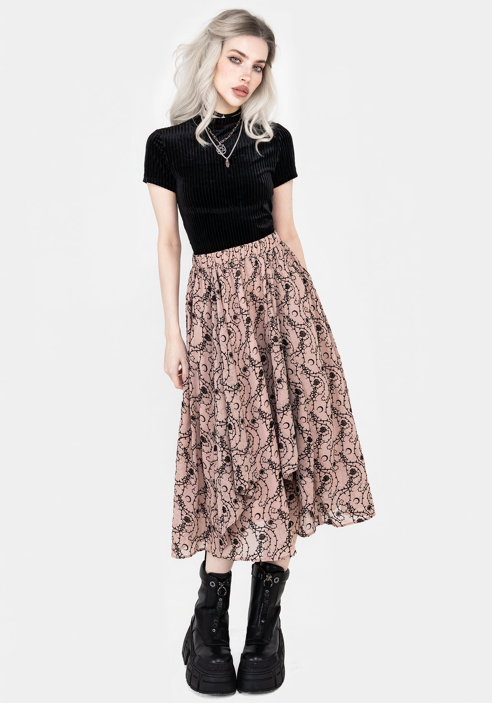 Rosethorn Ruffle Midi Skirt for Women - Floral Print A-Line Skirt with Elastic Waist | Perfect for Spring, Summer, Date Night & Vacation Outfits