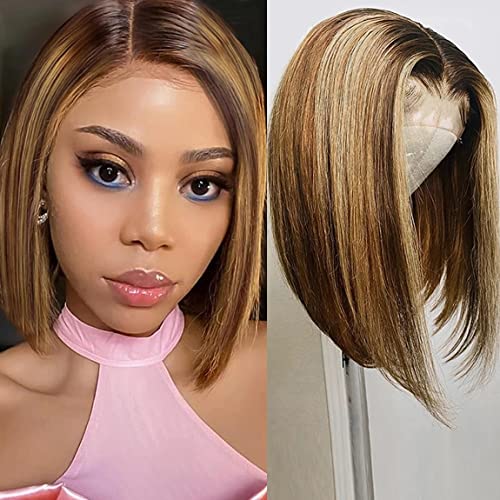 Brazilian Human Hair Lace Front Wig - 4x4 HD Transparent Lace Closure, 10 Inch Blonde Straight Bob Wig with Pre-Plucked Ombre Color (150 Density) for Black Women | Perfect for Daily Wear, Parties & Special Occasions