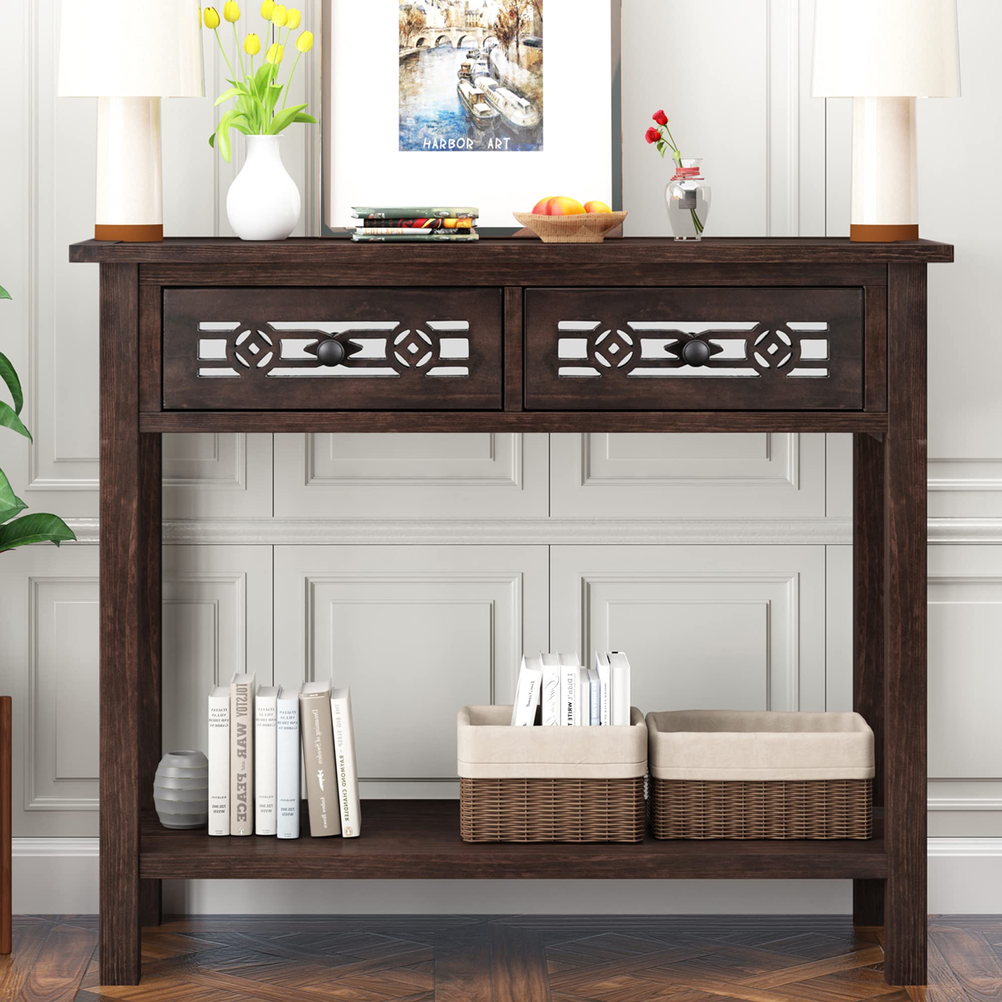 P PURLOVE Wooden Console Table with 2 Drawers & Bottom Shelf - Entryway Hallway Sofa Table for Living Room, Bedroom, Office & Home Decor