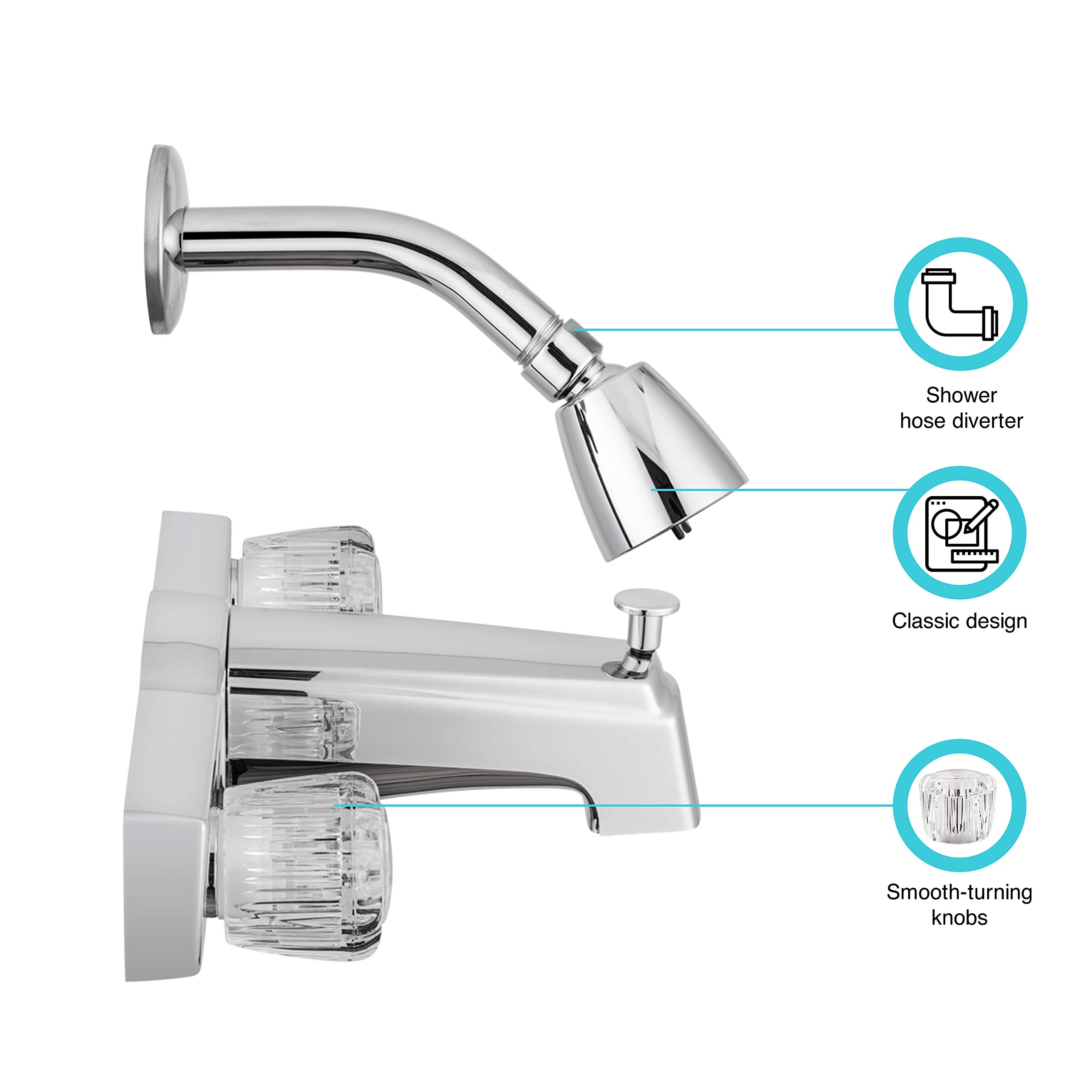 Durable Chrome Polished Tub & Shower Diverter with Shower Head - Water Saving Bathroom Faucet for Home & Hotel Use