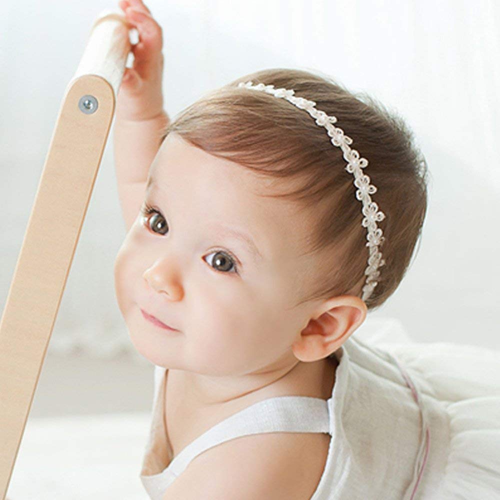 RQJ Baby Girls Christening Headband - Baptism Headpiece with Lace, Flowers & Pearls - Elastic Hair Bands for Toddlers & Infants - Perfect for Christening, Baptism, First Communion & Special Occasions