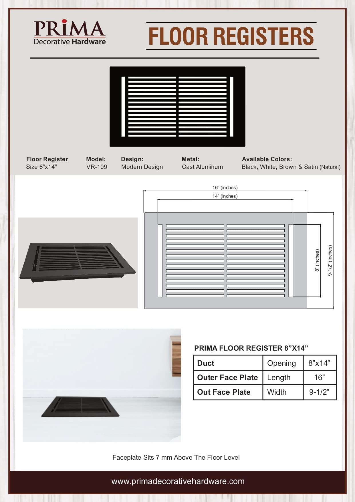 Prima Decorative Cast Aluminum Floor Register 8