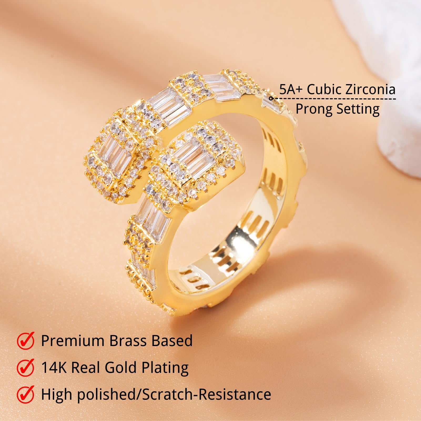 Iced Out Baguette CZ Adjustable Heart Ring - Rose Gold Bling Jewelry for Men & Women, Luxury Party Pinky Ring for Valentine's Day, Anniversary & Special Occasions