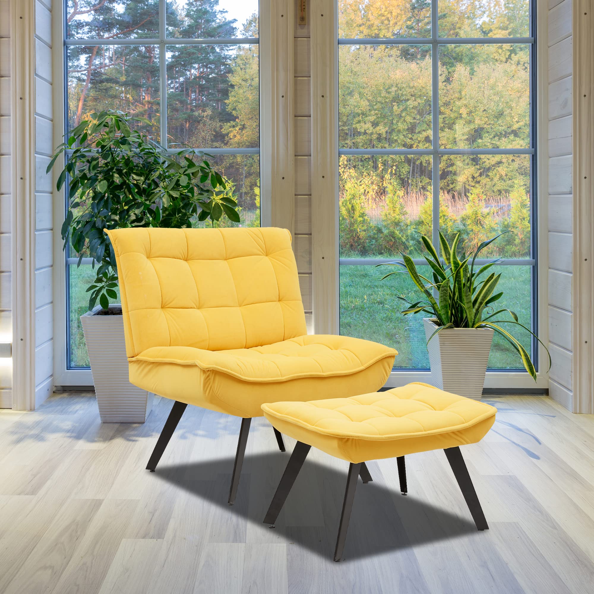 Modern Soft Velvet Accent Chair - Extra Wide Comfortable Armchair with Ottoman (Black Legs, Yellow) for Living Room, Bedroom & TV Lounge - Perfect for Relaxing, Reading & Home Decor