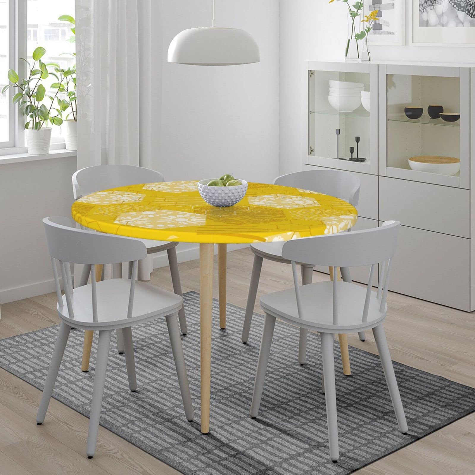 Honeycomb Pattern Elastic Edged Round Fitted Tablecloth - Waterproof & Wipeable Kitchen Table Cover for 45-50 Inch Tables - Perfect for Indoor, Outdoor, Parties & Dining