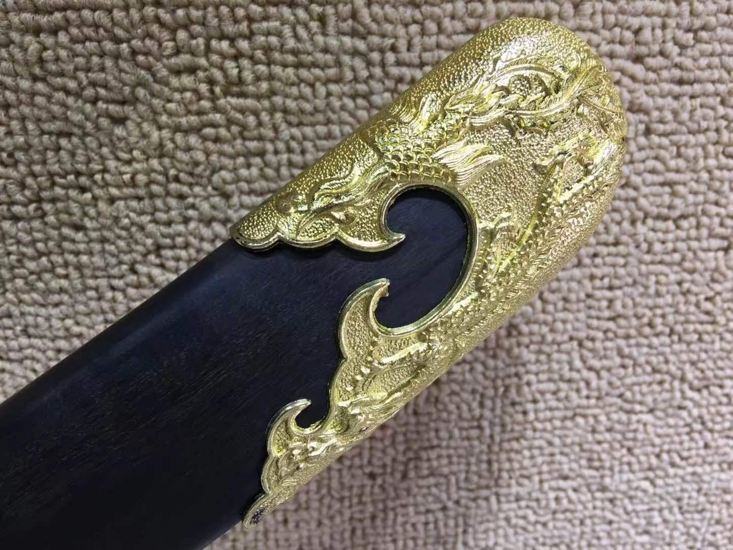 Hand Forged Chinese Broadsword - Pattern Steel Blade with Alloy & Black Wood Handle - Heat Tempered Sword for Martial Arts Training, Cosplay & Collectors