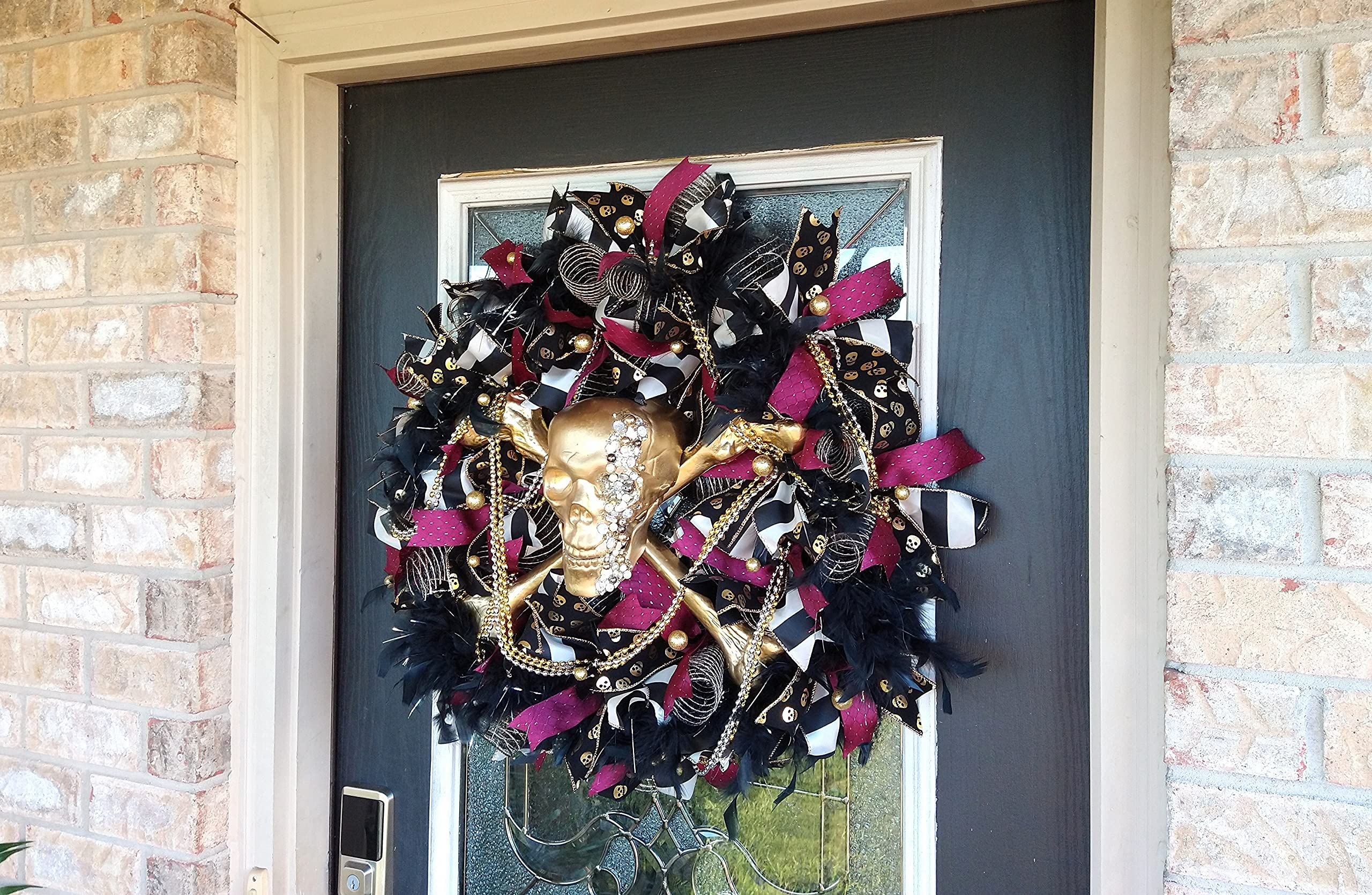 LAST ONE XL Deluxe Bling Pirate Skull & Crossbones Halloween Wreath - Luxury Jeweled Beaded Feather Decor for Front Door, GASPARILLA Party & Pirate Themed Events - Perfect for Halloween Decorations, Pirate Parties & Mardi Gras Celebrations