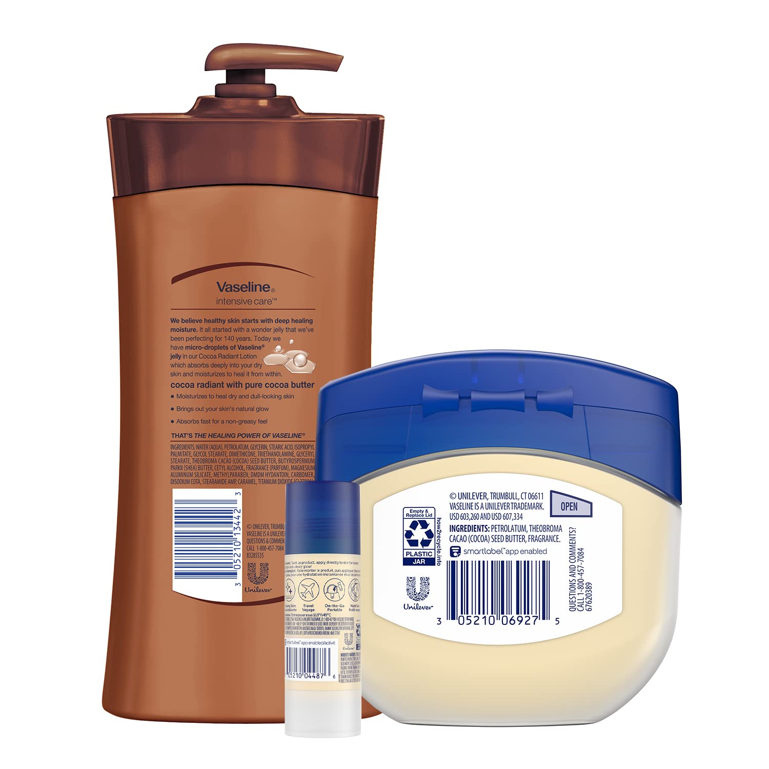 Vaseline Intensive Care Cocoa Radiant Body Lotion 20.3 oz + Moisturizing Healing Jelly 7.5 oz + Shimmer Stick 1.4 oz - Light Butter Scent for Dry Skin Care - Perfect for Daily Moisturizing, Nighttime Skin Repair & Glowing Complexion