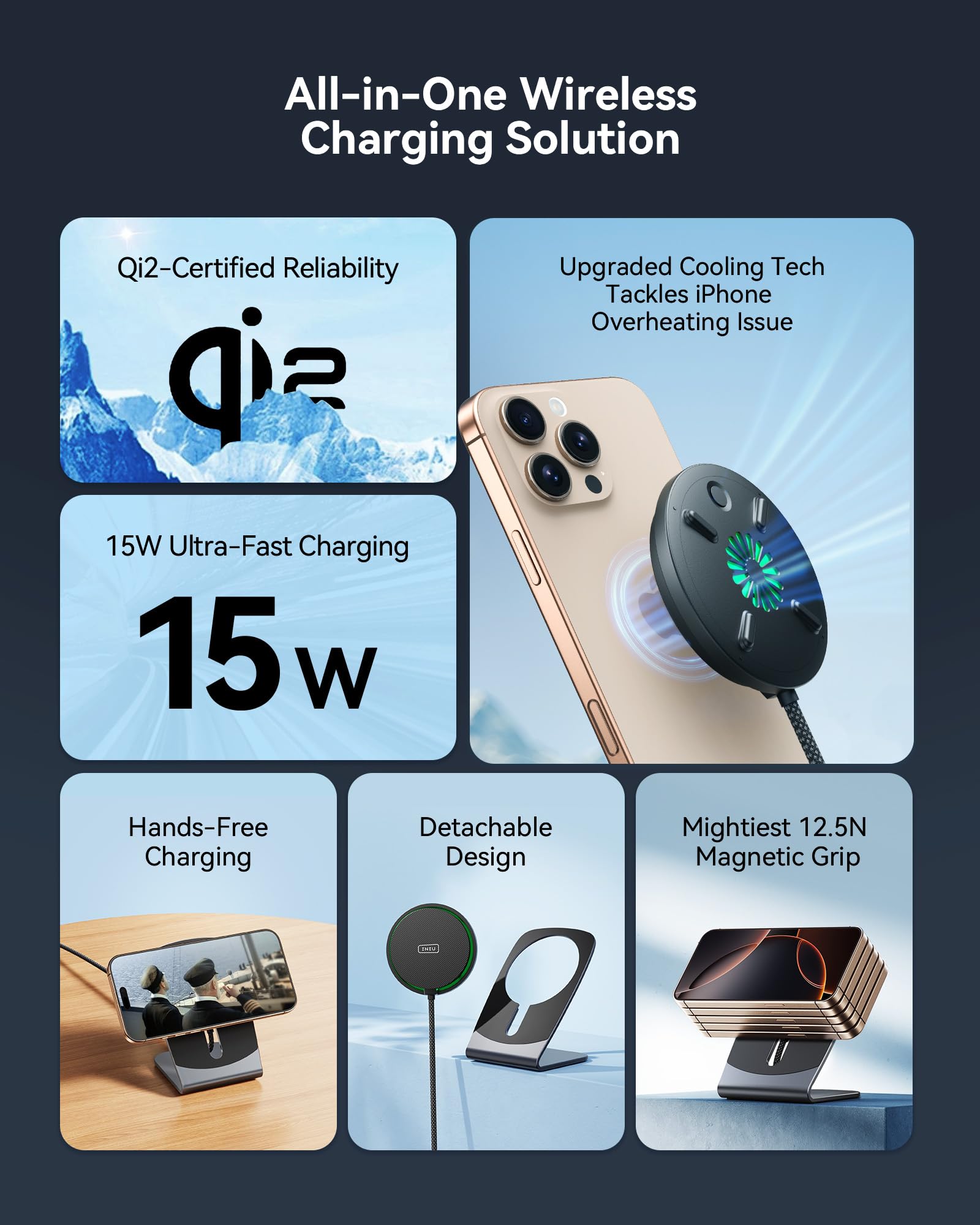 INIU Magnetic Wireless Charger Stand - Qi2 Certified 15W Fast Charging Station with Cooling Fan for iPhone 16/15/14/13/12 & AirPods Pro/4/3 (Includes Adapter) | Perfect for Bedside, Office & Travel Charging