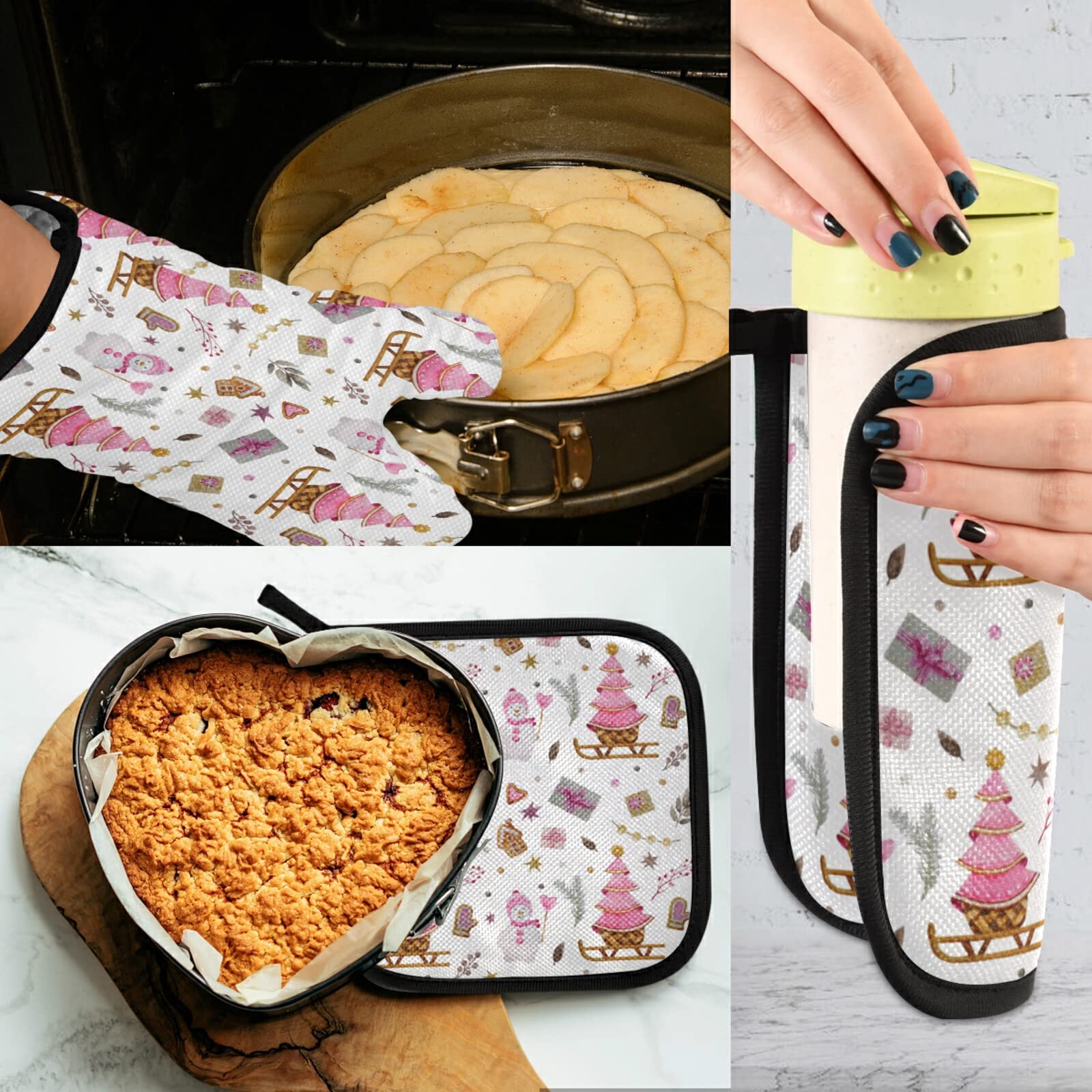 QUGRL Pink Christmas Tree Oven Mitts & Pot Holders Set - Snowman Pattern Heat Resistant Kitchen Gloves for Baking, Cooking & BBQ - Perfect Holiday Gift for Home Chefs