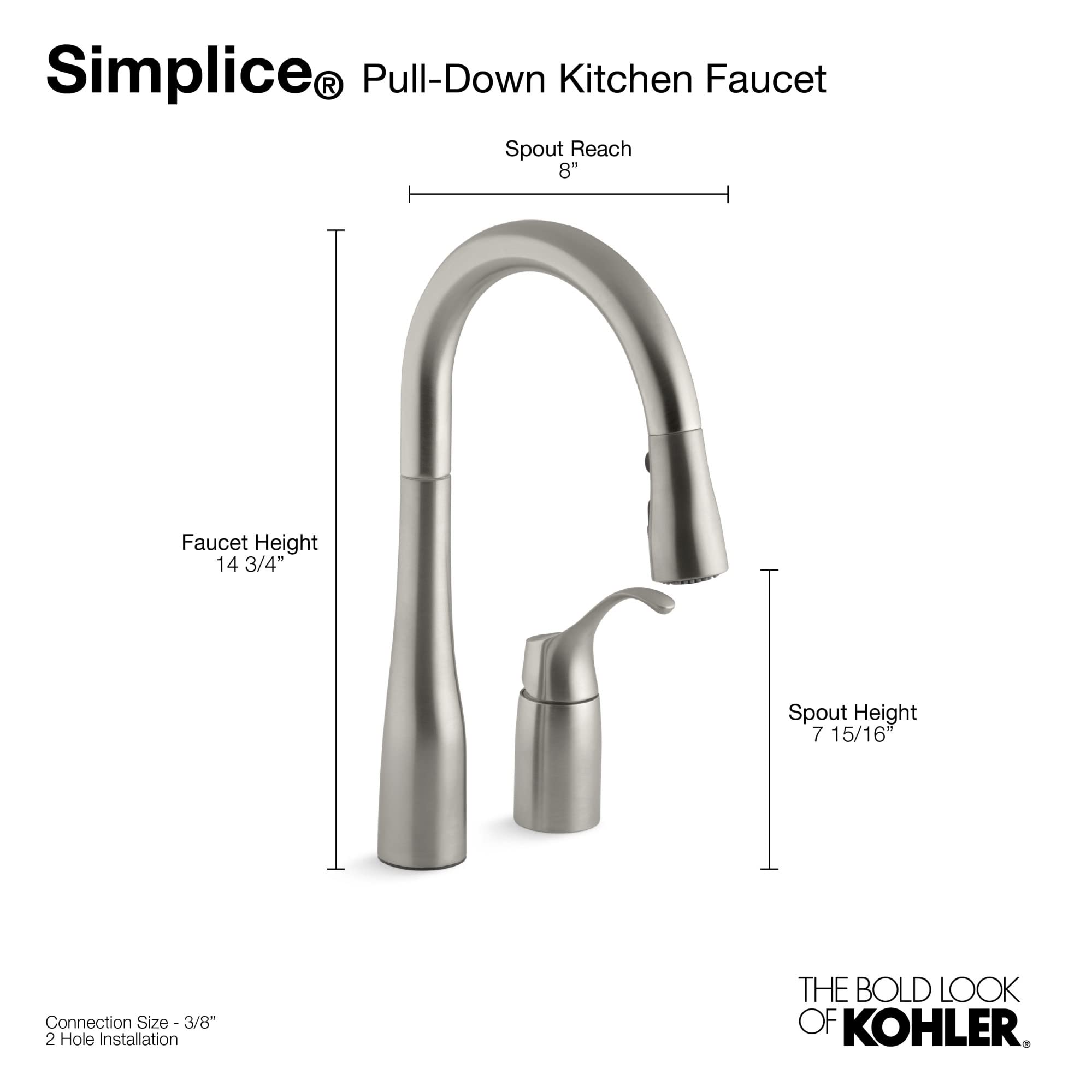 KOHLER 649-VS Simplice Pull-Down Kitchen Sink Faucet with Sprayer - Stainless Steel Bar & Prep Faucet for Modern Kitchens | Perfect for Washing Dishes, Filling Pots & Food Prep