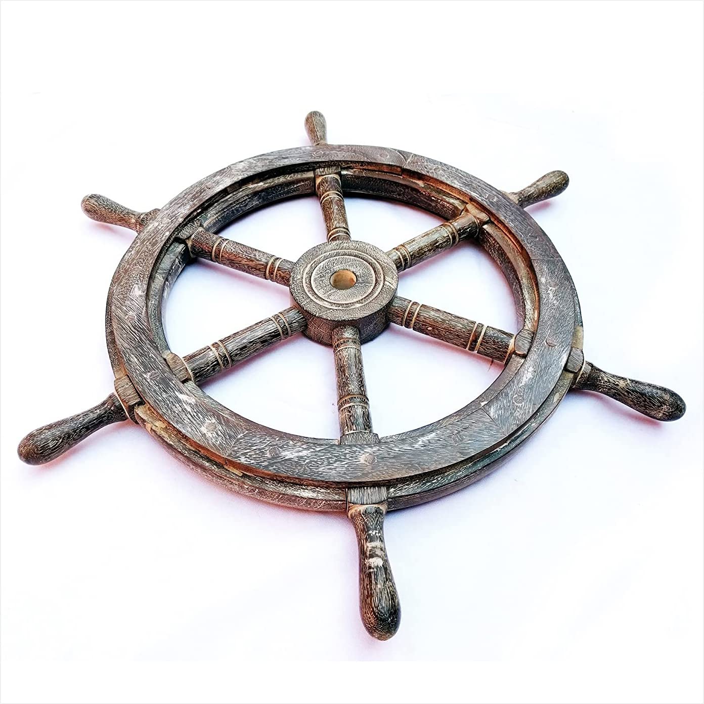 Nagina International 24-Inch Antique White Wooden Ship Wheel with Accentuated Grains - Nautical Home Decor, Pirate Nursery Gift - Perfect for Coastal Themed Living Rooms, Beach House Wall Art & Pirate Birthday Party Decorations