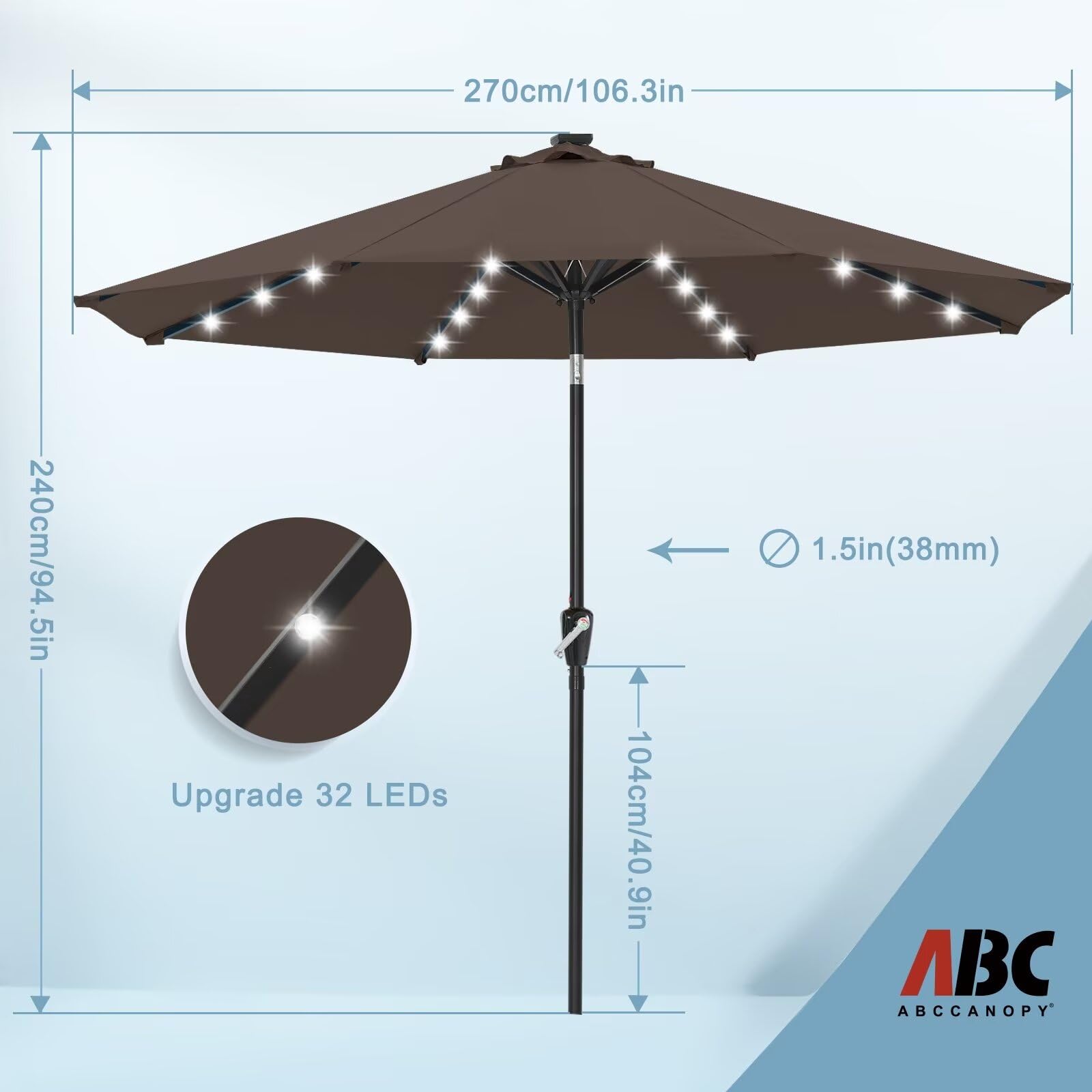 Durable 9FT Solar LED Patio Umbrella with 32 Lights - Brown Outdoor Canopy for Garden, Poolside & Backyard Relaxation