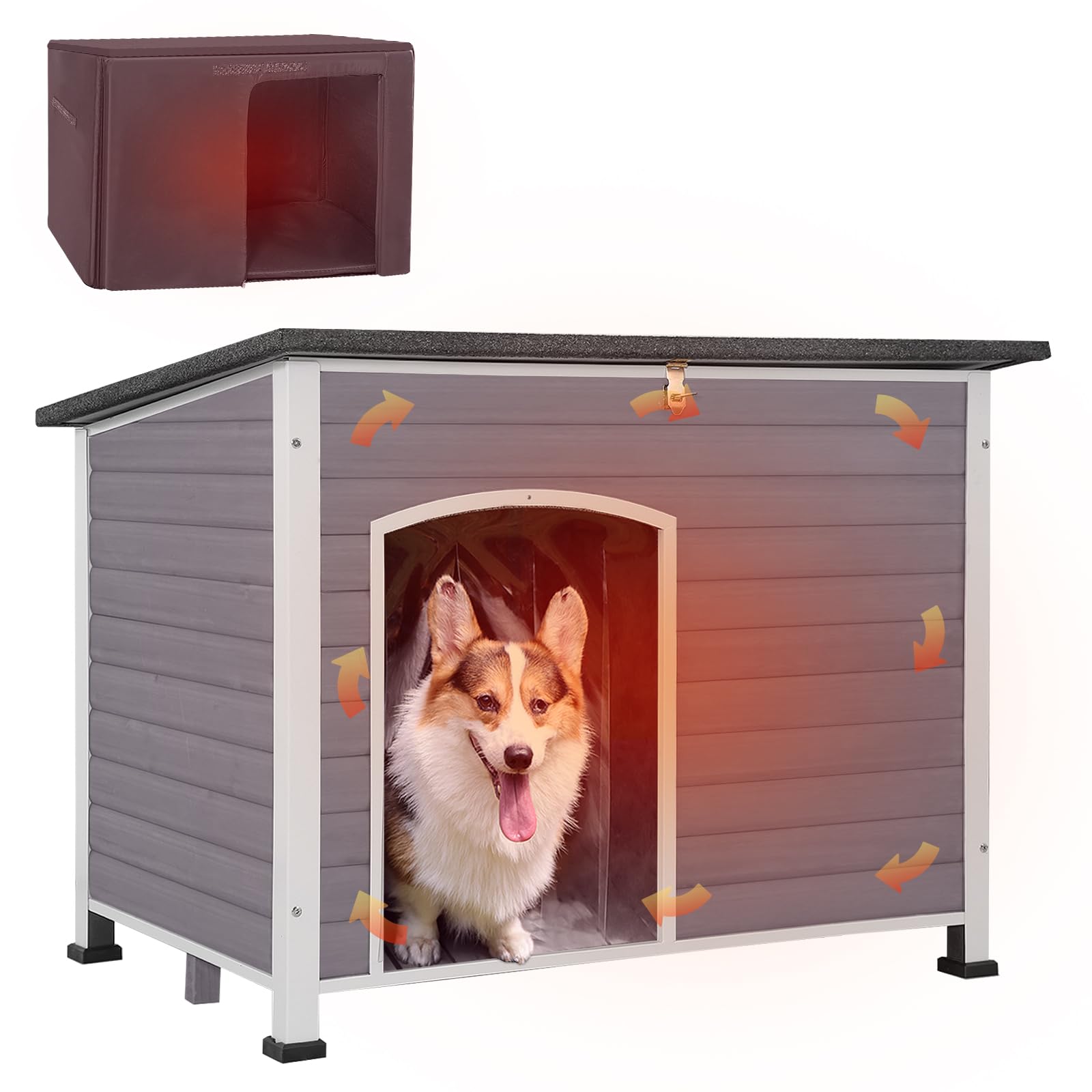 GUTINNEEN Insulated Outdoor Dog House with Removable Liner - Winter-Proof Large Dog Kennel for Cold Weather (Grey & White) - Perfect for Backyard, Patio & Extreme Winter Protection
