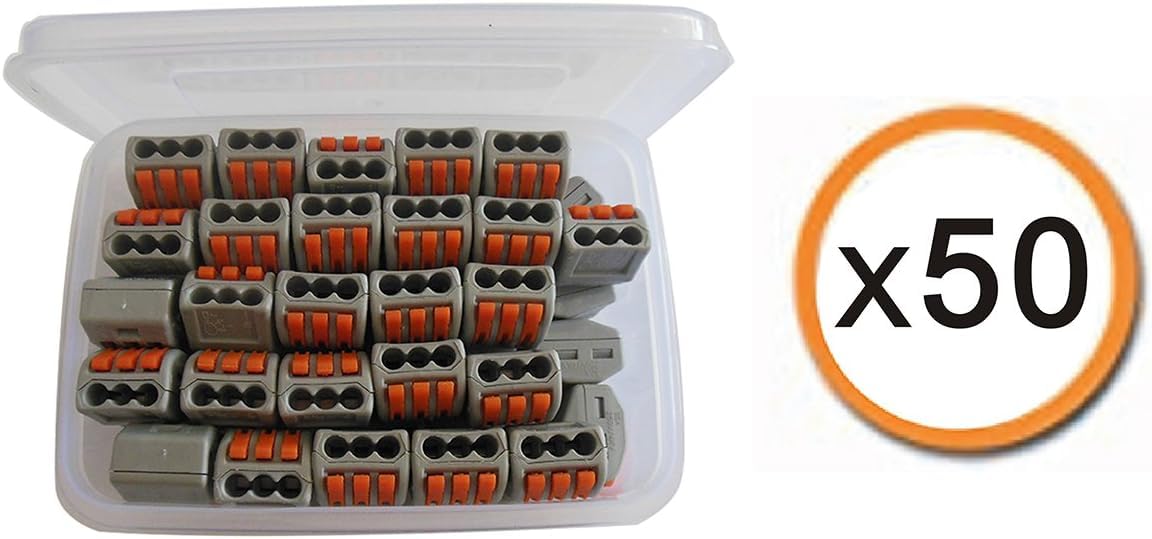 Compact Lever Wire Connectors - 3 Conductor Fast Connection Terminal for 28-12 AWG Wires (50 Pack) | Quick Splice Electrical Connectors for Home Wiring, Automotive & DIY Projects