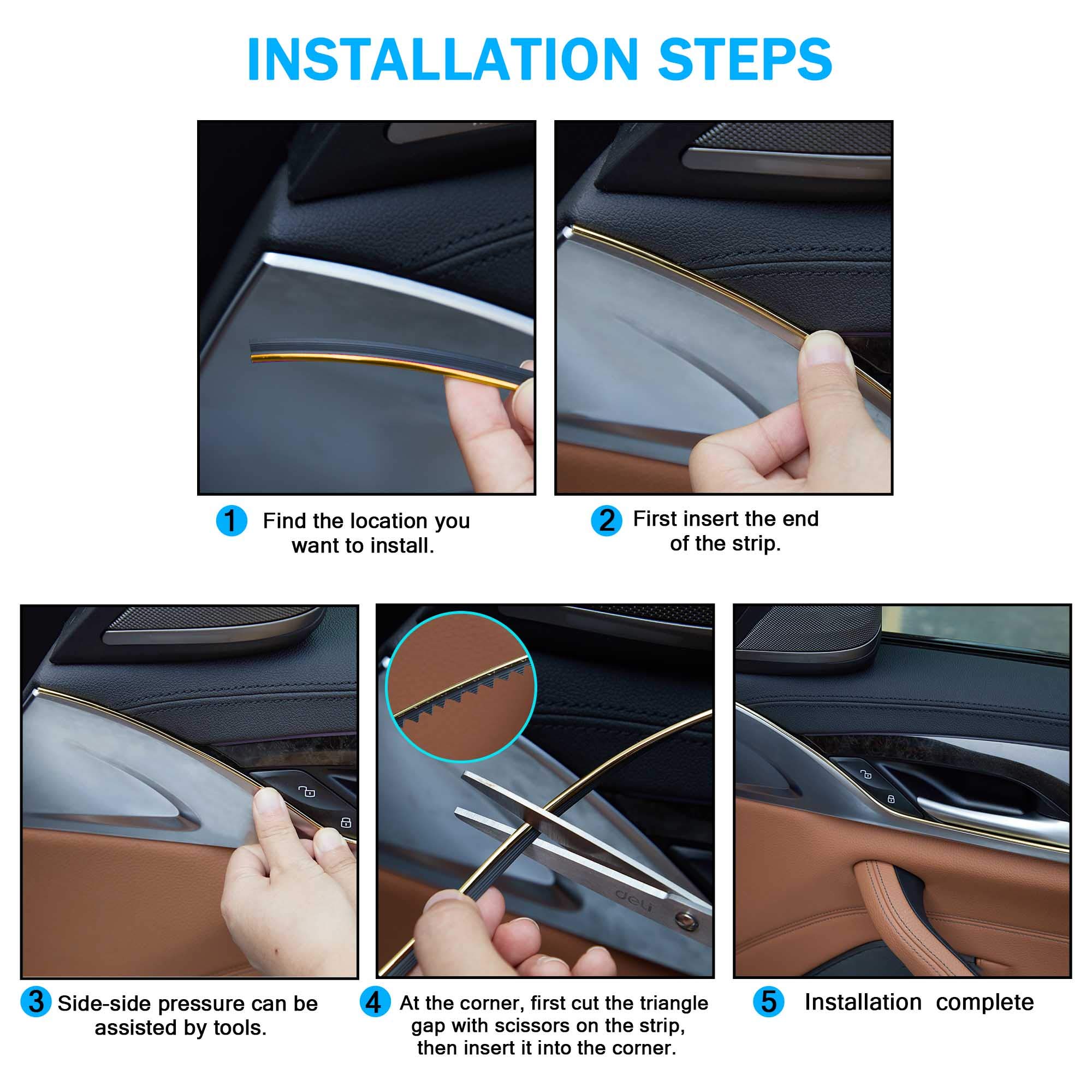 TOMALL Flexible Car Interior Moulding Strip - 5M(16ft) Electroplated Gold Dashboard Trim for Decoration & Protection - Easy Installation with Tools - Perfect for Sedans, SUVs & Luxury Vehicles