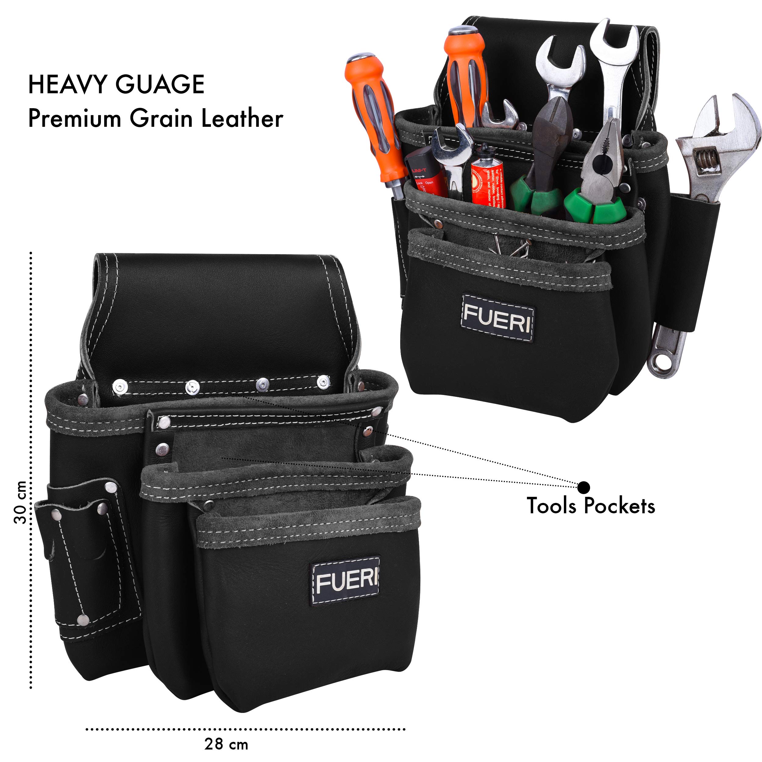 FUERI Heavy Duty Leather Tool Belt Bag for Men & Women - 17 Pocket Carpenter Electrician Construction Pouch Organizer with Belt Holder - Perfect for DIY Projects, Home Repairs & Professional Work