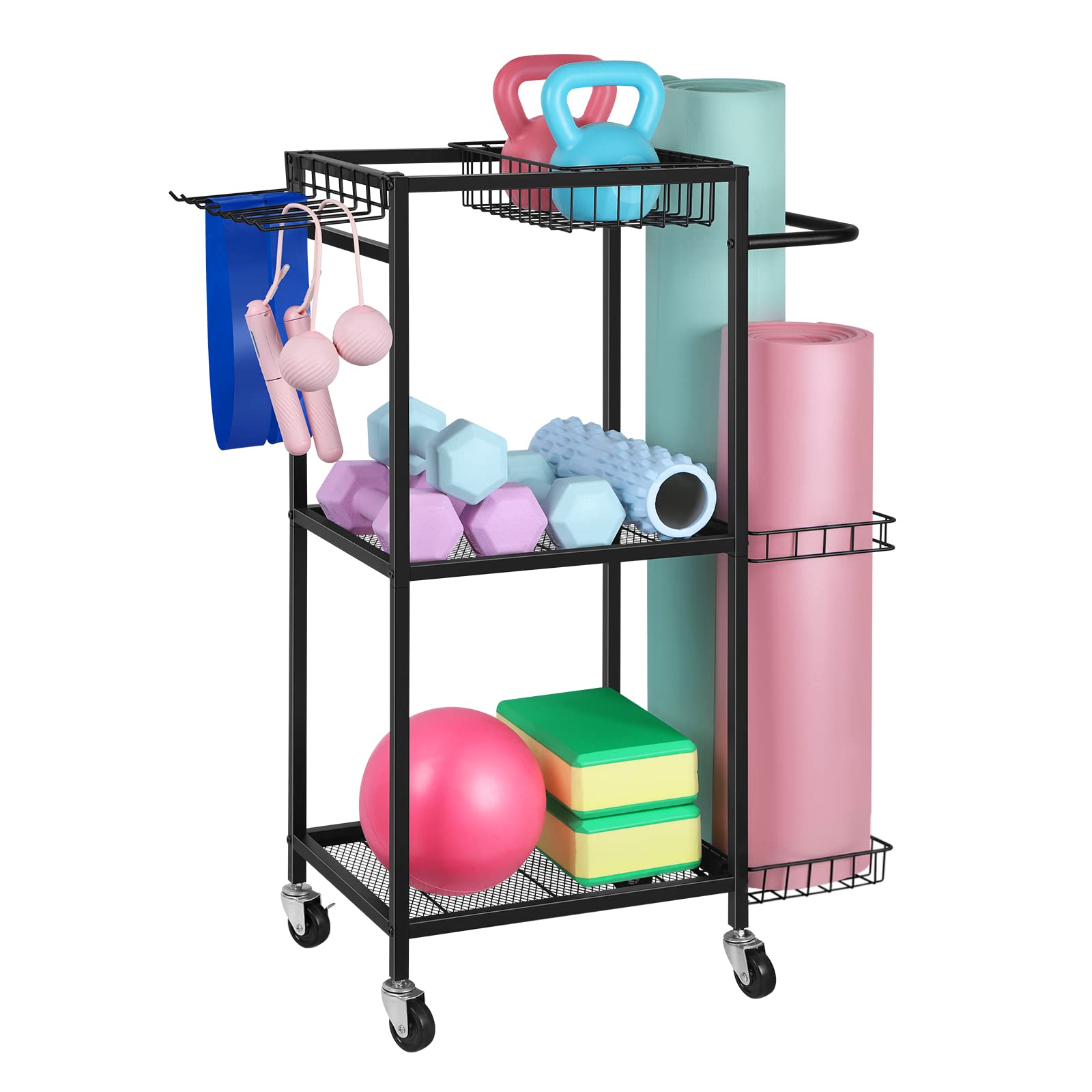 Dumbbell Weight Rack & Yoga Mat Storage Organizer - Heavy Duty Home Gym Equipment Stand for Dumbbells, Kettlebells, Foam Rollers & Resistance Bands with Hooks - Space Saving Workout Gear Cart for Home Gym, Garage or Fitness Studio (Black)