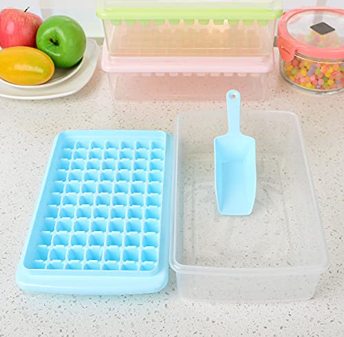 77 Mini Nuggets Ice Cube Tray with Lid & Bin - Leakproof Silicone Ice Tray for Freezer with Ice Container, Scoop & Cover (Blue) - Perfect for Cocktails, Smoothies & Party Drinks