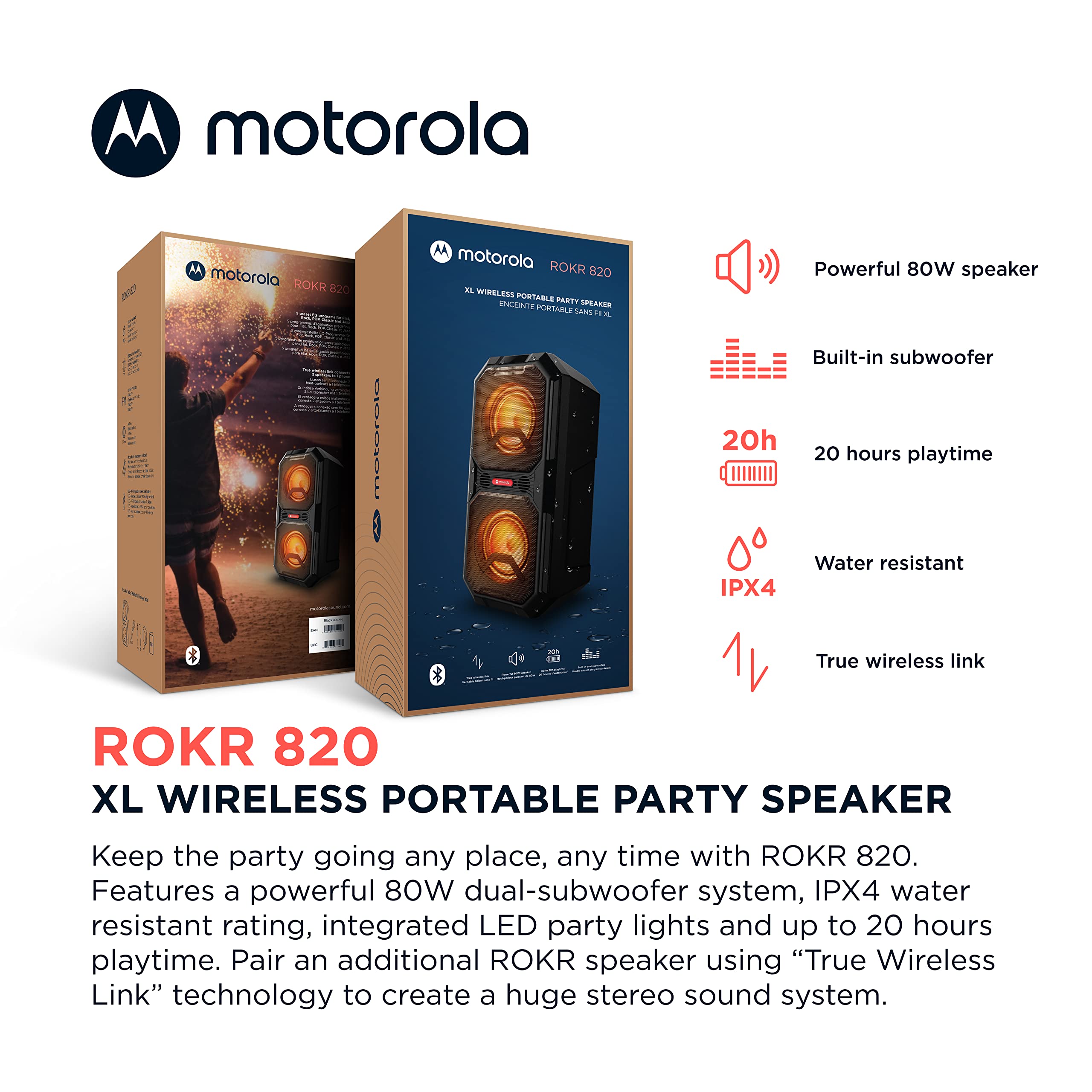 Motorola ROKR 820 80W Portable Bluetooth Speaker with Built-in Subwoofer & LED Lights - Wireless Speaker for iPhone Android, IPX4 Waterproof, HD Sound for Outdoor Parties, Beach, Pool & Home Use