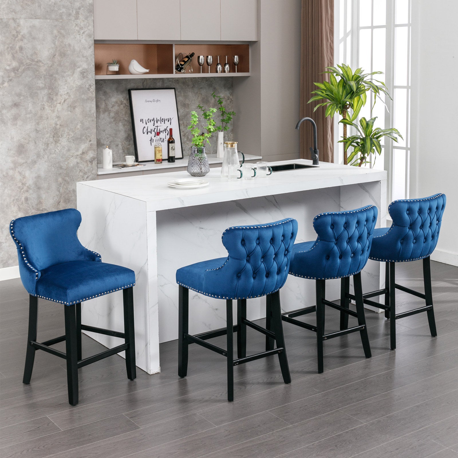 Contemporary Velvet Upholstered Wingback Bar Stools with Button Tufted Design, Wooden Legs & Chrome Nailhead Trim - Set of 4 Blue Bar Chairs (SW1824BL) for Kitchen Island, Breakfast Nook & Home Bar Decor