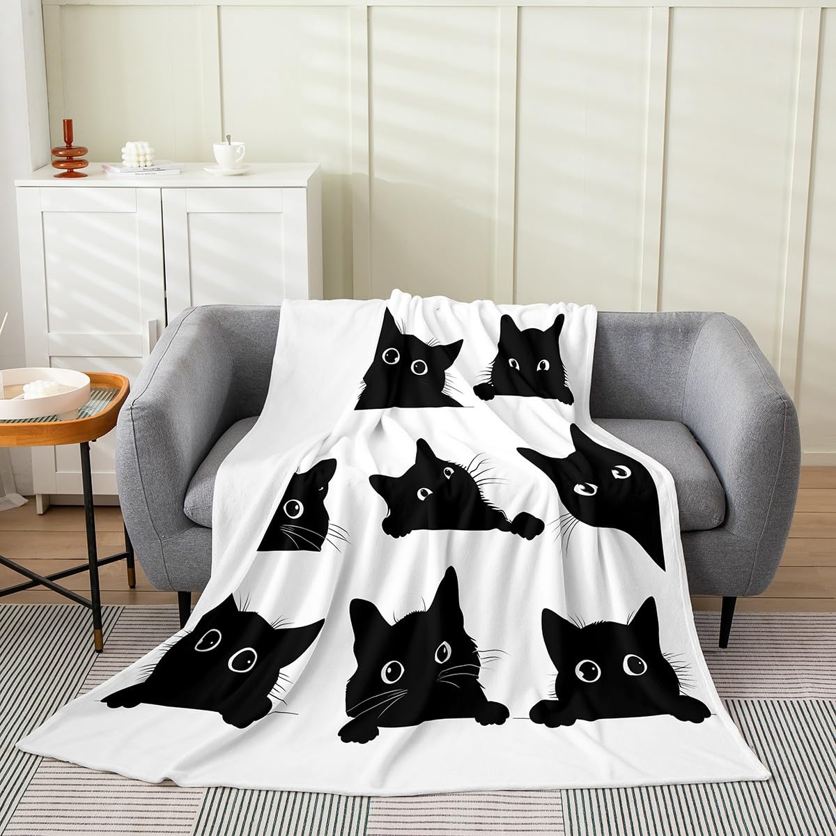 Soft 3D Cat Fleece Throw Blanket for Pets & Kids - Cozy Flannel Fuzzy Blanket for Bed, Sofa, Couch - All Season Plush Blanket with Cute Kitten Design (Black/White, 90