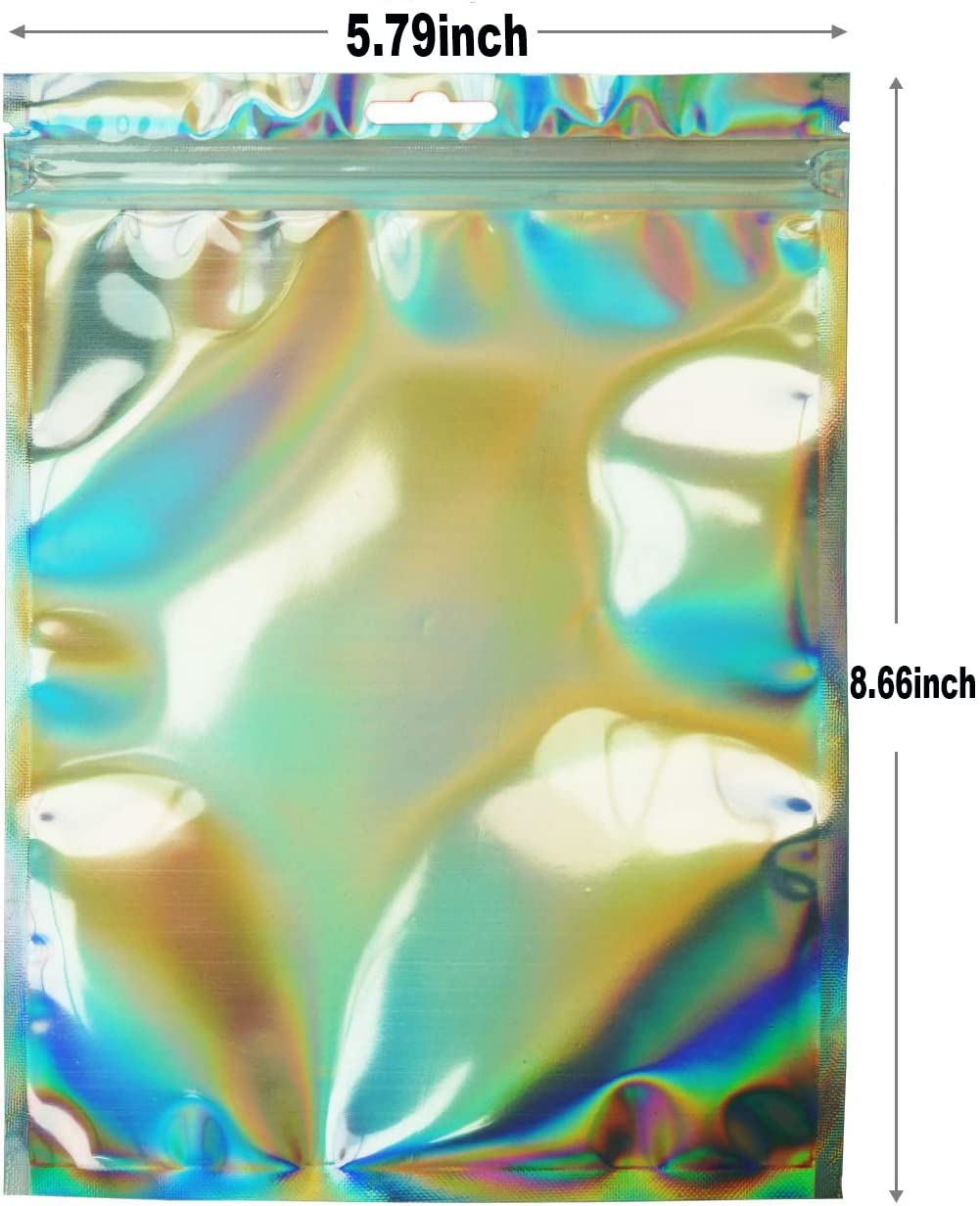YukaBa 100-Pack Smell Proof Mylar Bags (5.79x8.66 Inch) - Resealable Clear Zip Lock Storage Bags for Food, Candy & Herbs | Holographic Rainbow Design | Perfect for Travel, Camping & Home Organization
