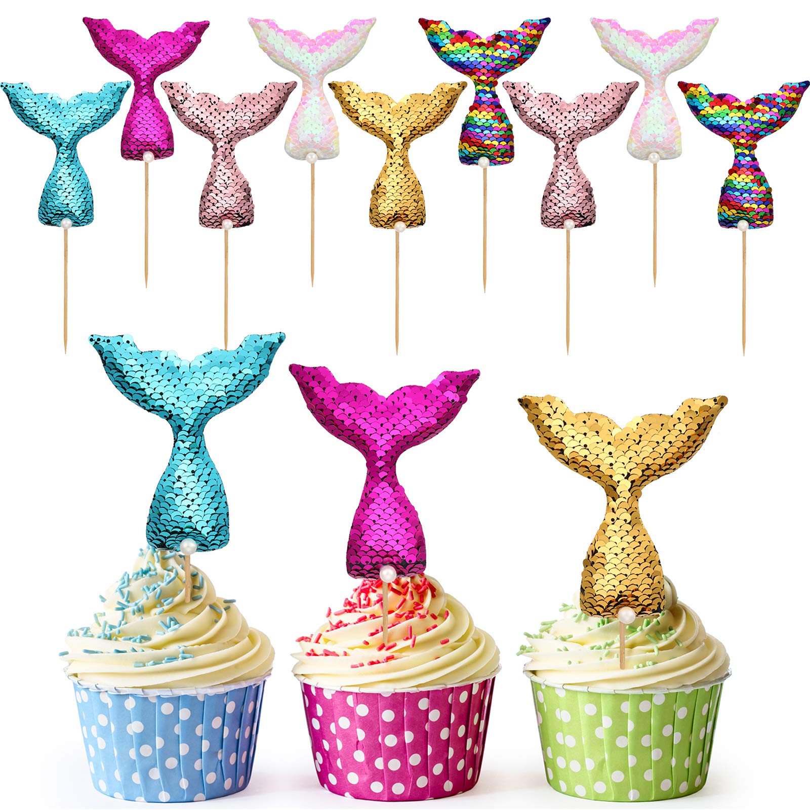 12-Piece Mermaid Cupcake Toppers - Sequin Under the Sea Cake Decorations with Mermaid Tail Toothpicks for Birthday, Wedding & Party Favors - Perfect for Ocean-Themed Celebrations and Dessert Displays