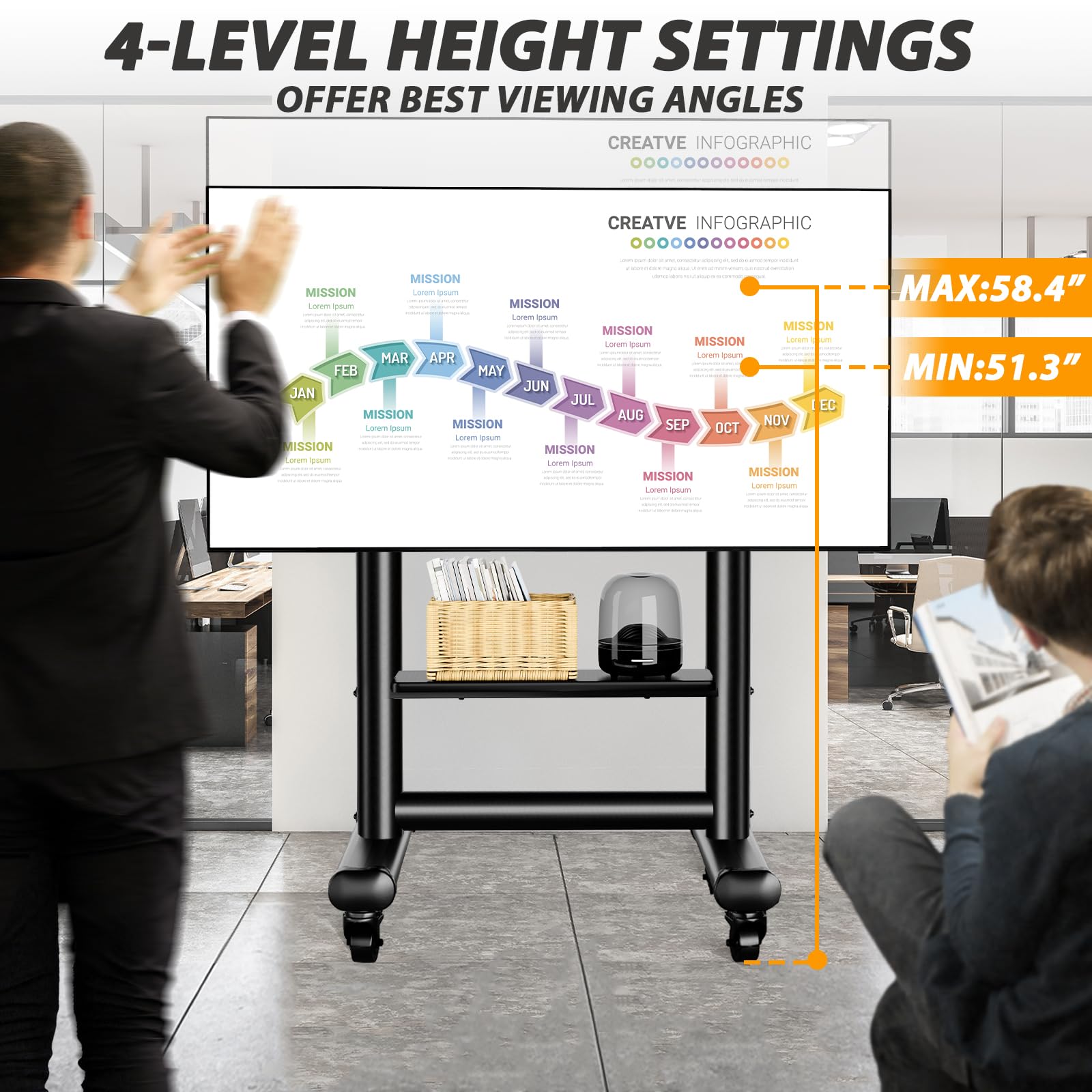 Heavy Duty Rolling TV Stand for 50-92 Inch Large TVs up to 150 Lbs - Height Adjustable Mobile TV Cart with Storage Shelf - Upgraded Portable TV Stand on Wheels for Living Room, Office, Trade Show - Perfect for Home Theater, Conference Rooms & Commercial Displays