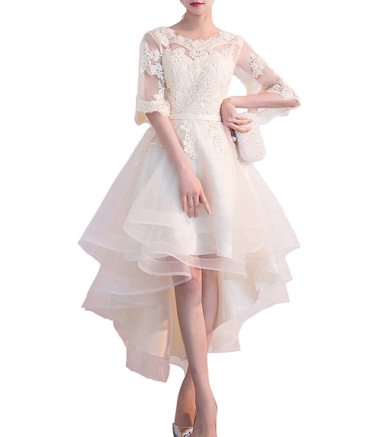 Off Shoulder Cap Sleeve Lace Corset Prom Dress for Women - Elegant Homecoming Gown with High Low Hem in Champagne (Size 6) | Perfect for Formal Dances, Weddings & Special Occasions