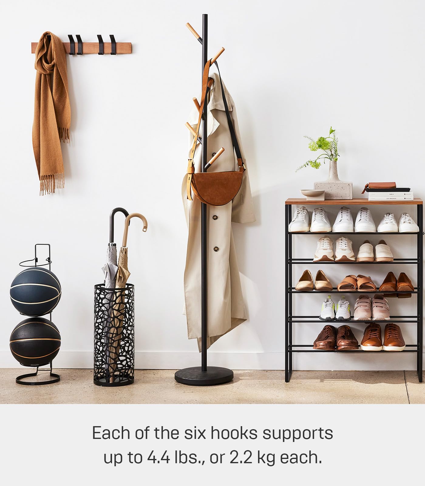 Yamazaki Home Freestanding Coat Rack with Wooden Hooks - 70 Inch Space Saving Entryway Organizer for Jackets, Hats & Bags - Sturdy Steel Construction for Hallway, Bedroom or Office