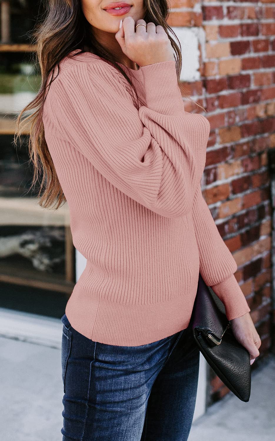 Women's Puff Sleeve Pullover Sweater - Soft Slim Fit Crew Neck Knit Jumper | Solid Color Casual Wear for Fall & Winter | Perfect for Office, Dating & Daily Outfits
