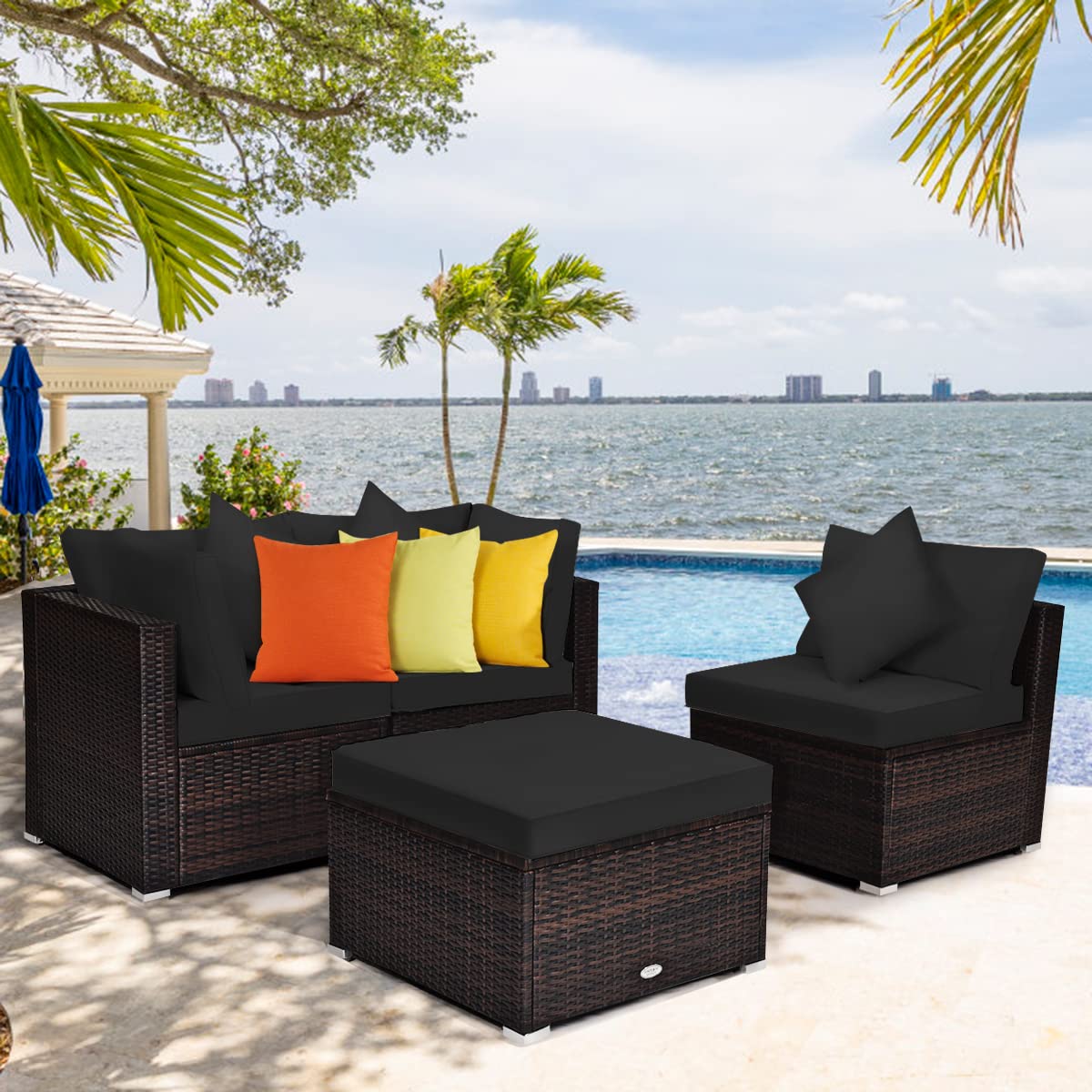 Tangkula 4-Piece Patio Rattan Sofa Set - Outdoor Wicker Sectional Furniture with Removable Cushions & Pillows - Black Garden Conversation Set for Backyard, Porch, Poolside, Balcony & Patio Decor