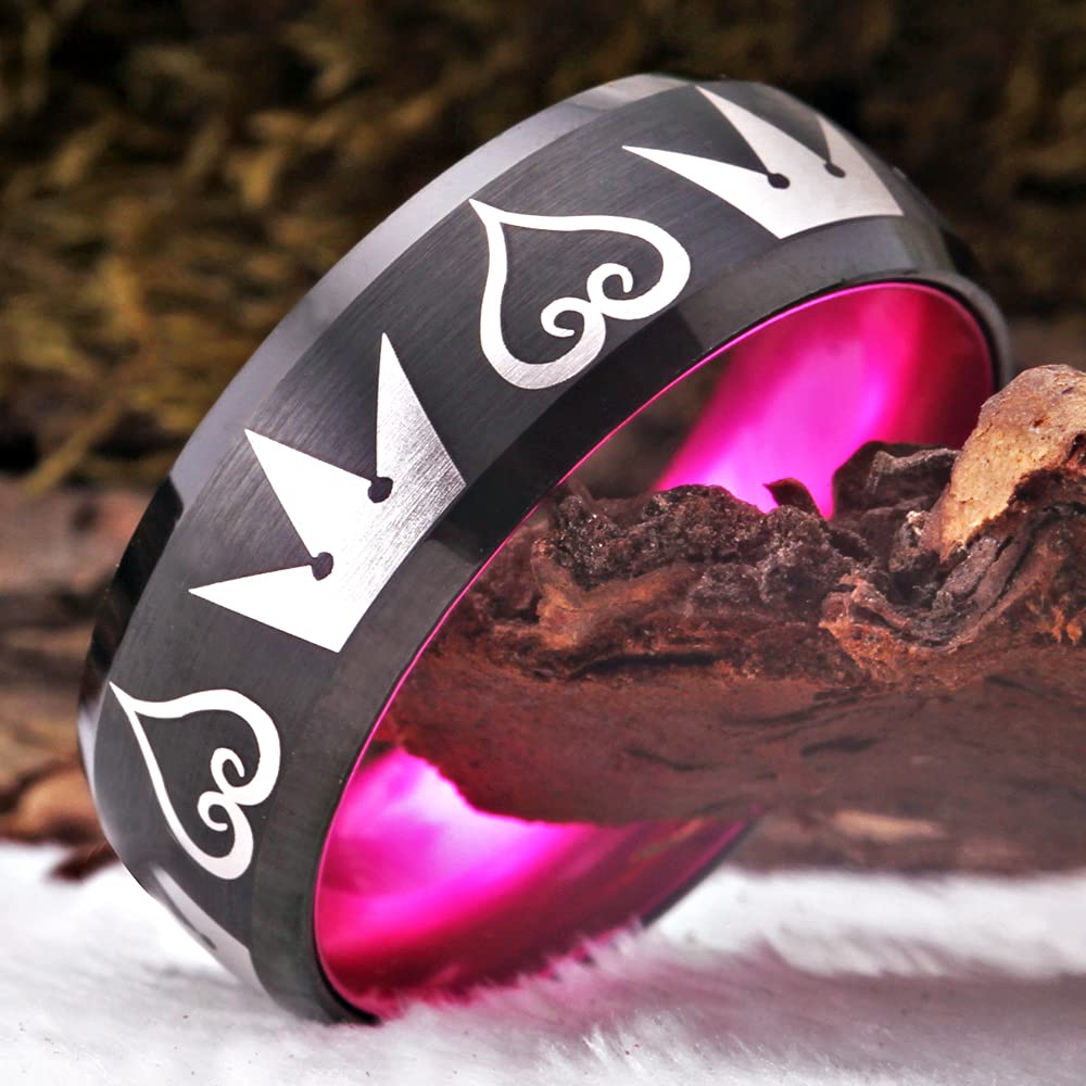 Kingdom Hearts & Crowns Design Cosplay Ring - 8mm Matte Red & Black Tungsten Wedding Band with Beveled Edges - Free Custom Engraving - Perfect for Cosplay, Gifts, and Unique Wedding Jewelry